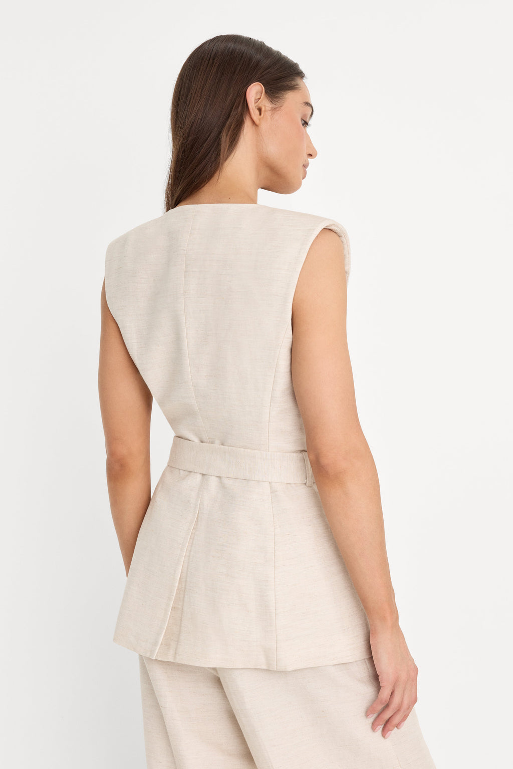 Premium LINEN SLEEVELESS BELTED VEST OAT