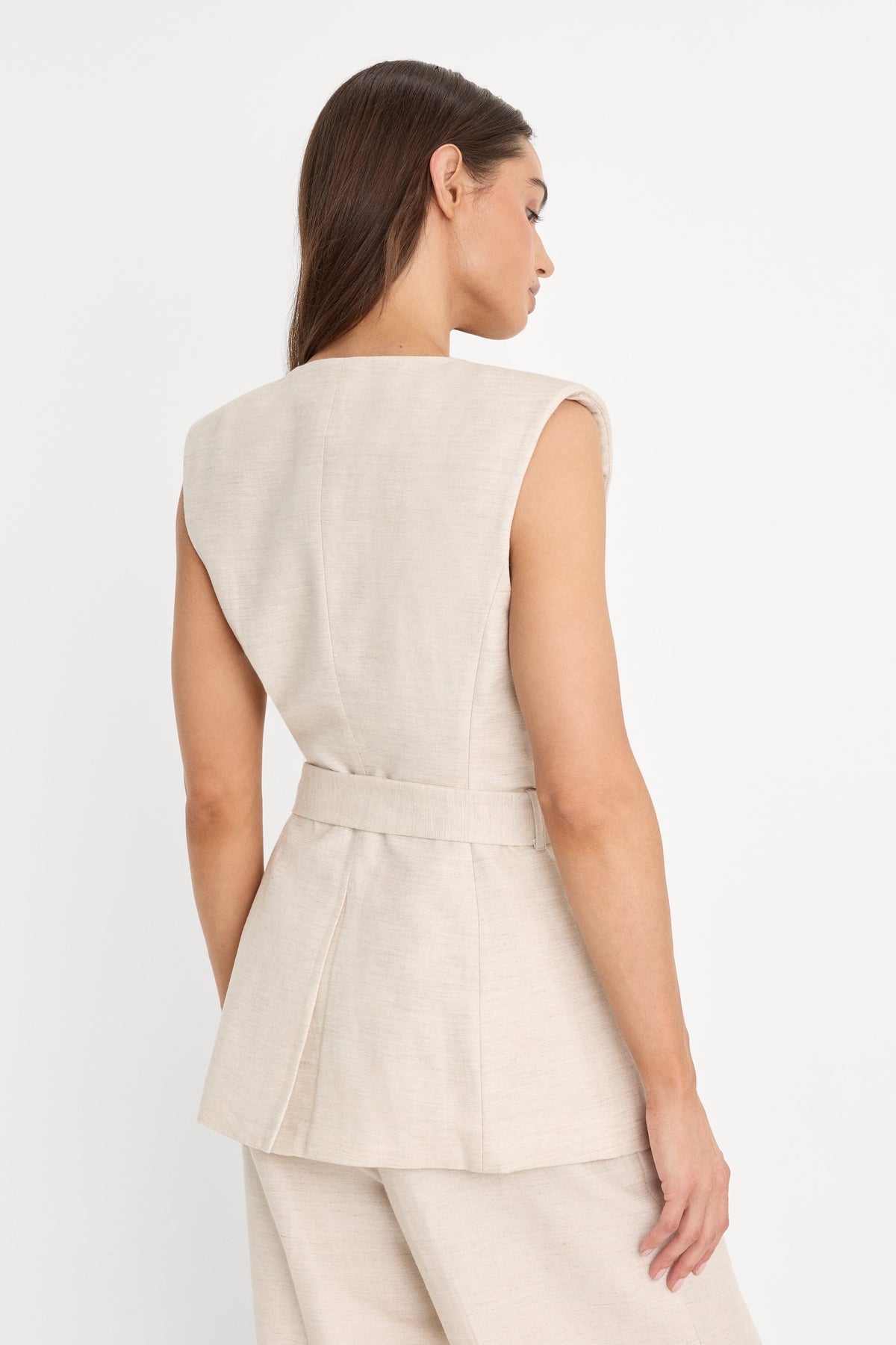 Premium LINEN SLEEVELESS BELTED VEST OAT