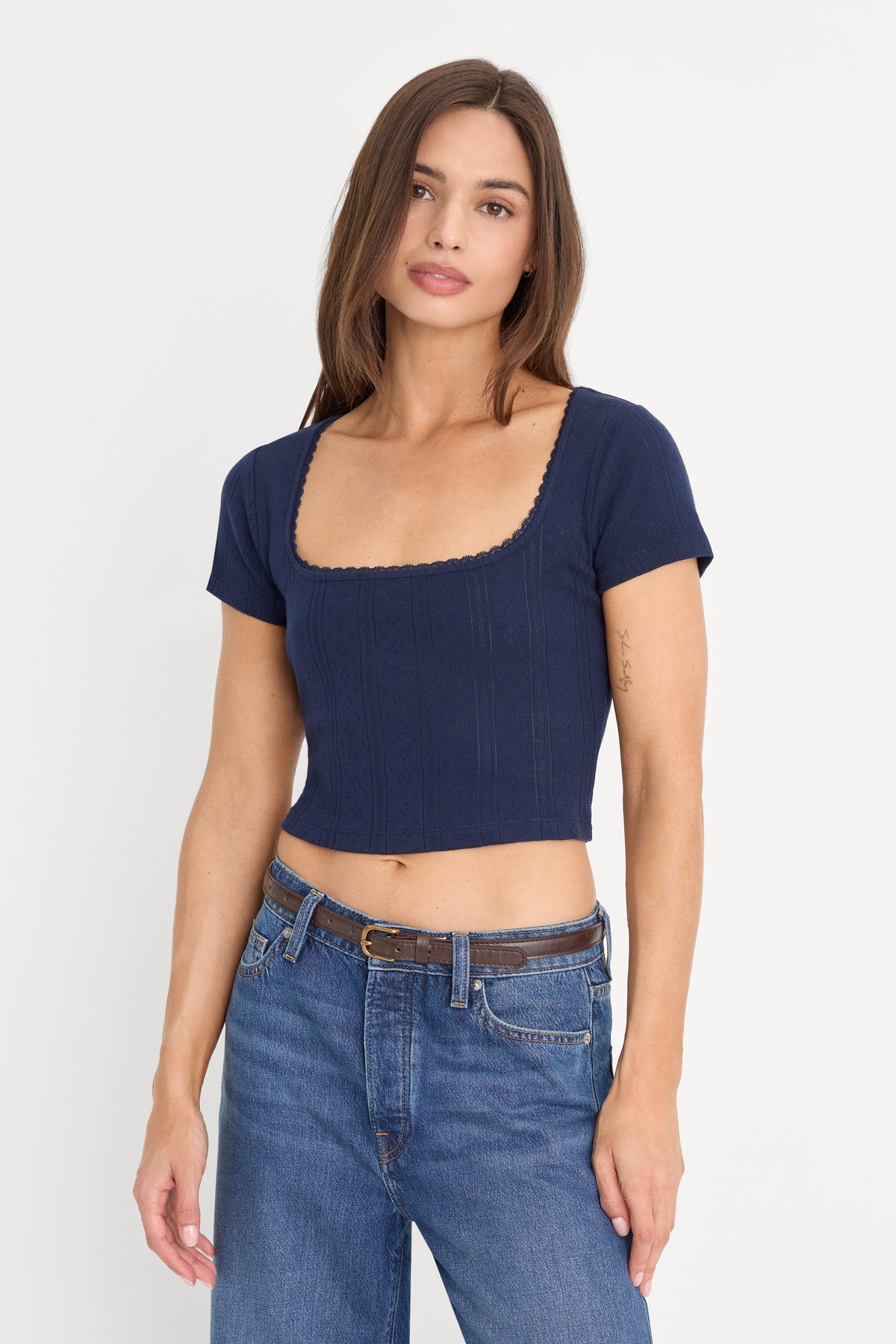 Premium THE POINTELLE SQUARE NECK TOP HORIZON INK