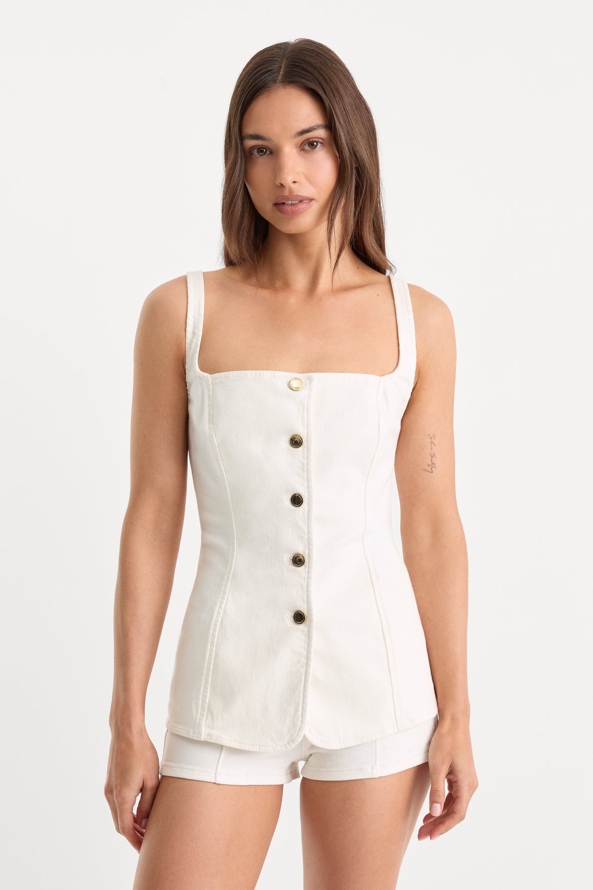 Premium SLEEVELESS DENIM BUTTON FRONT TOP COTTON WHITE