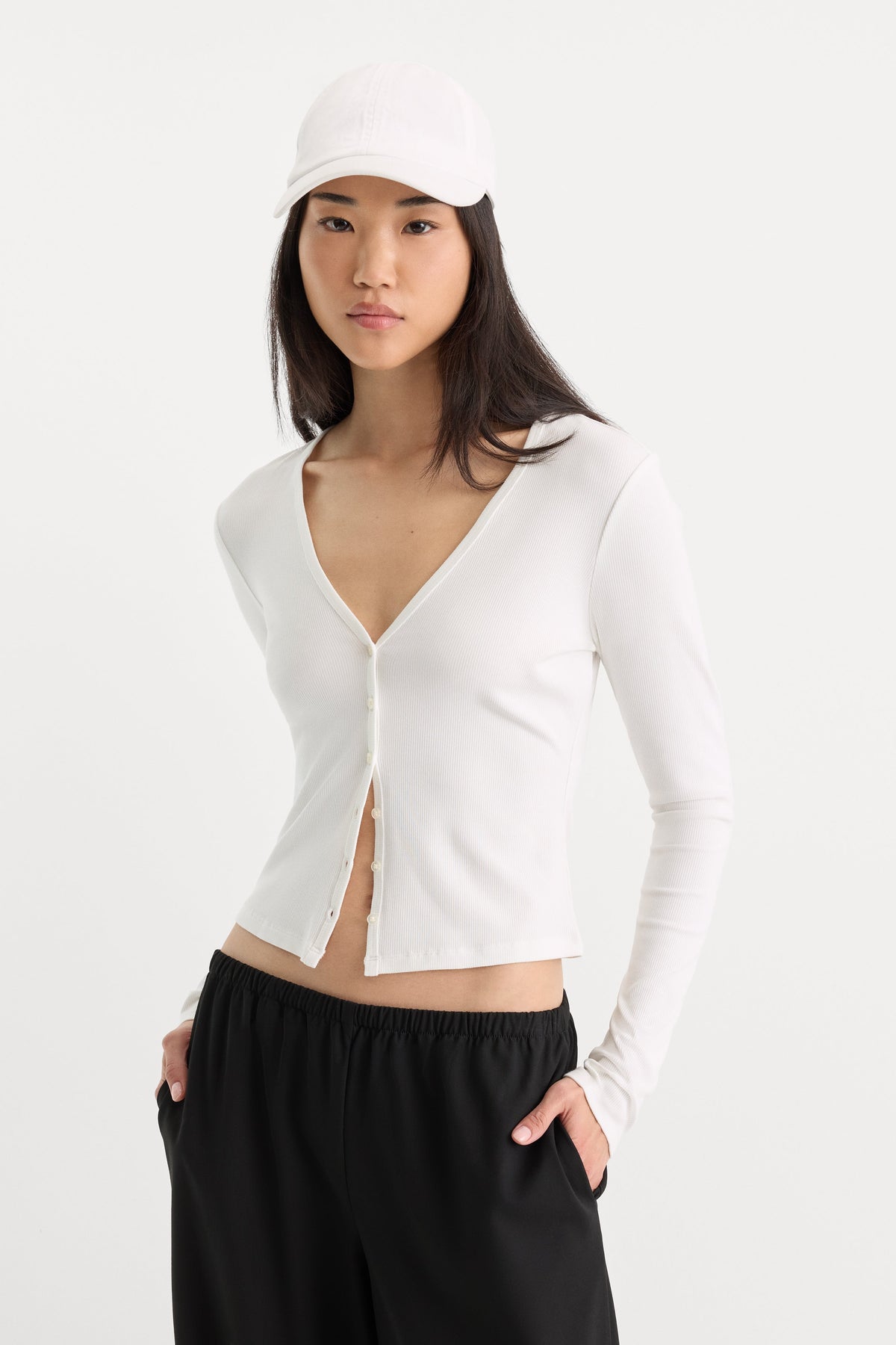 Premium THE RIB V NECK CARDIGAN CHALK