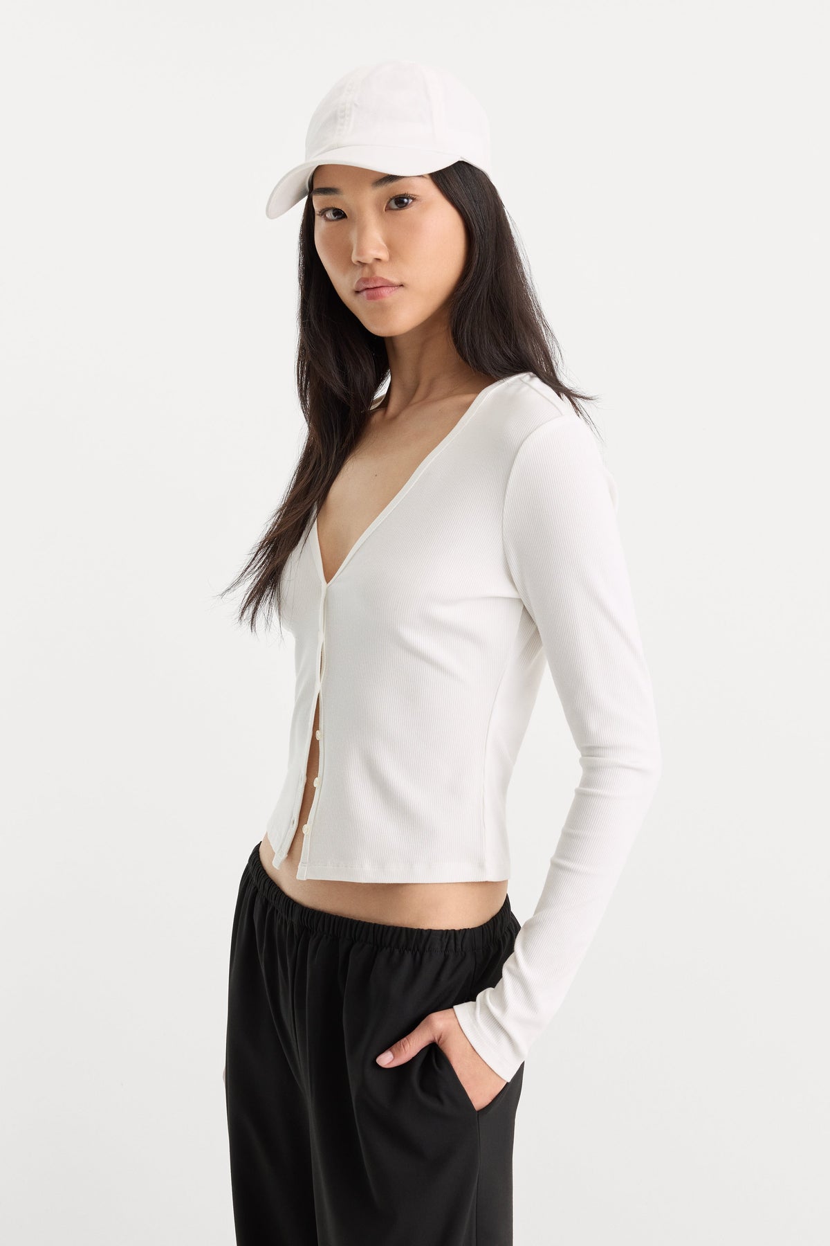 Premium THE RIB V NECK CARDIGAN CHALK