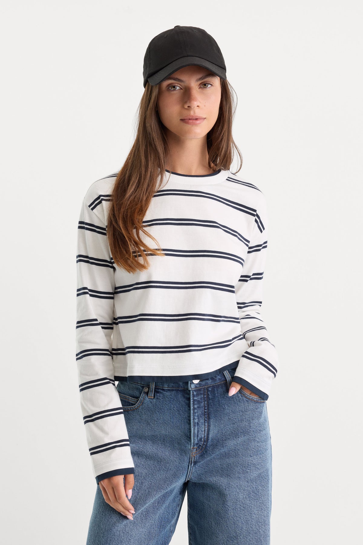 Premium THE LONG SLEEVE LAYERED TEE NAVY DOUBLE STRIPE