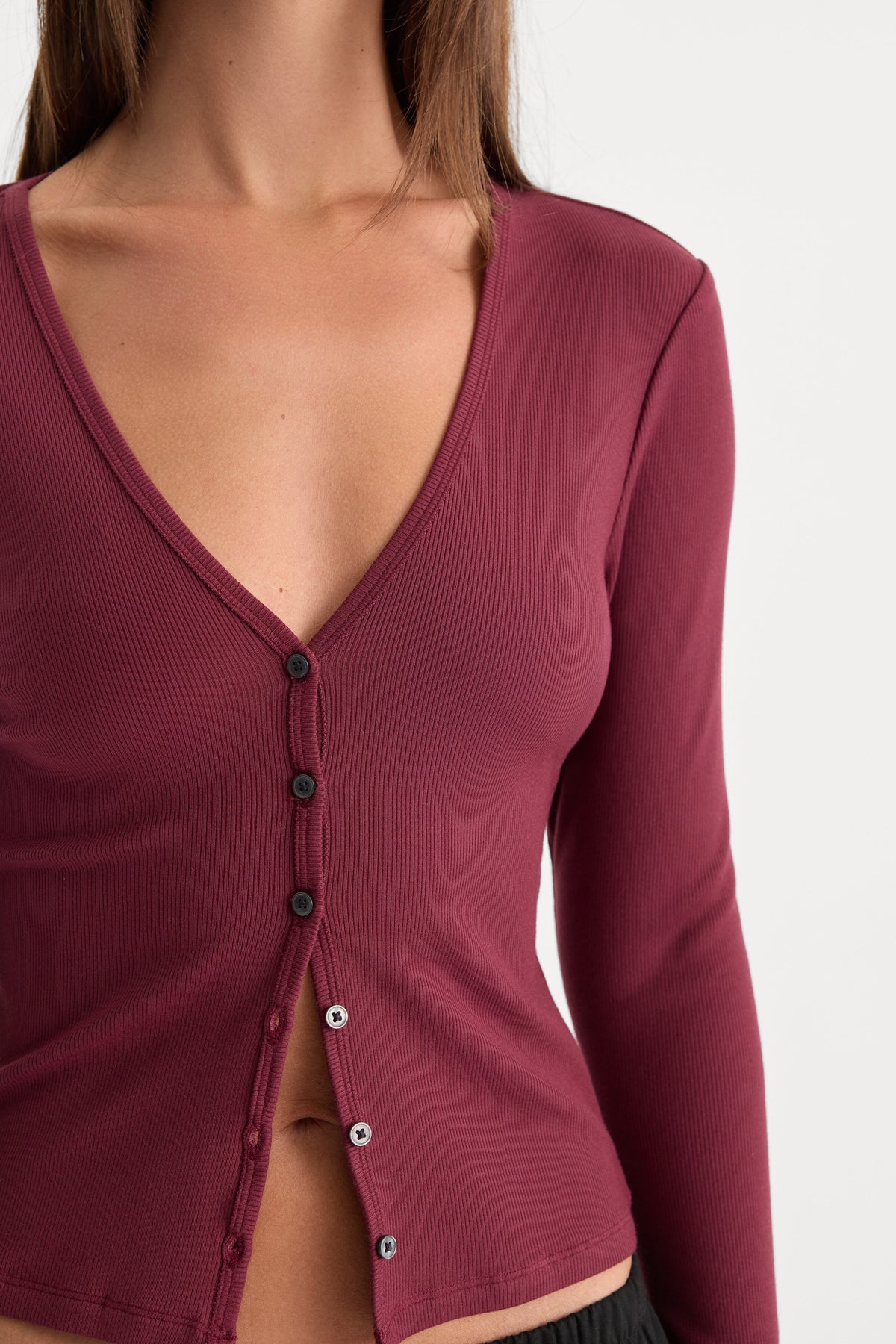 Premium THE RIB V NECK CARDIGAN BERRY NOIR