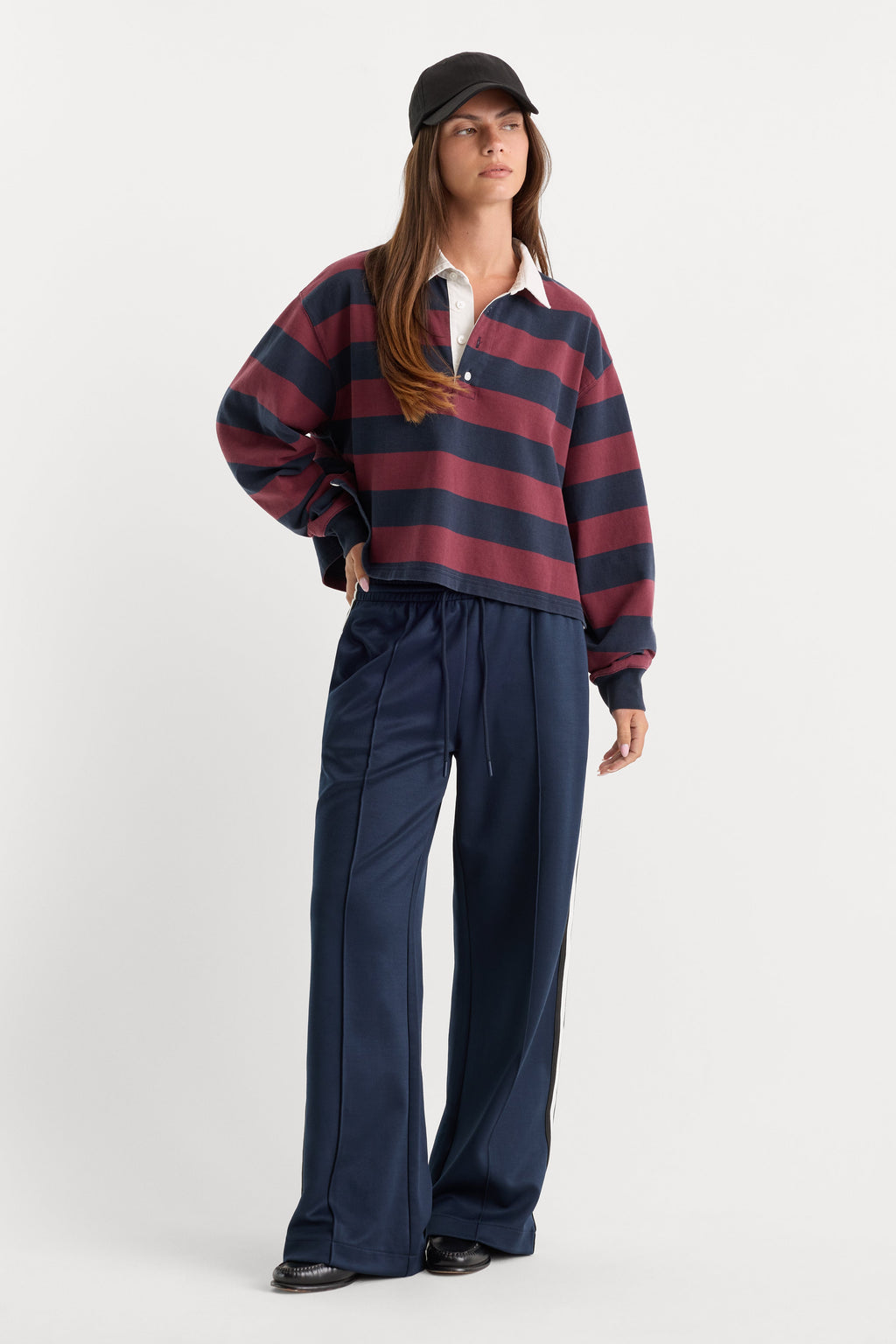 Premium THE CROPPED RUGBY POLO NAVY BERRY NOIR BLOCK STRIPE