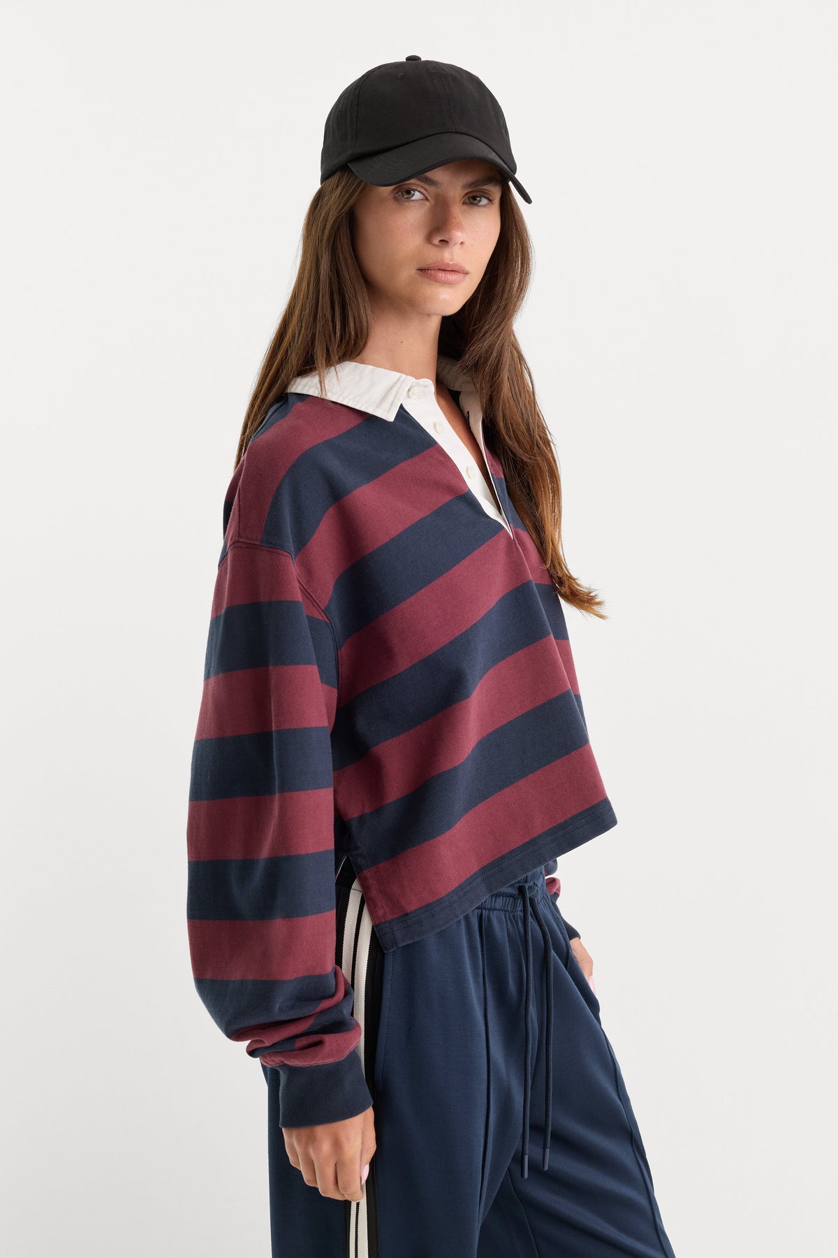 Premium THE CROPPED RUGBY POLO NAVY BERRY NOIR BLOCK STRIPE