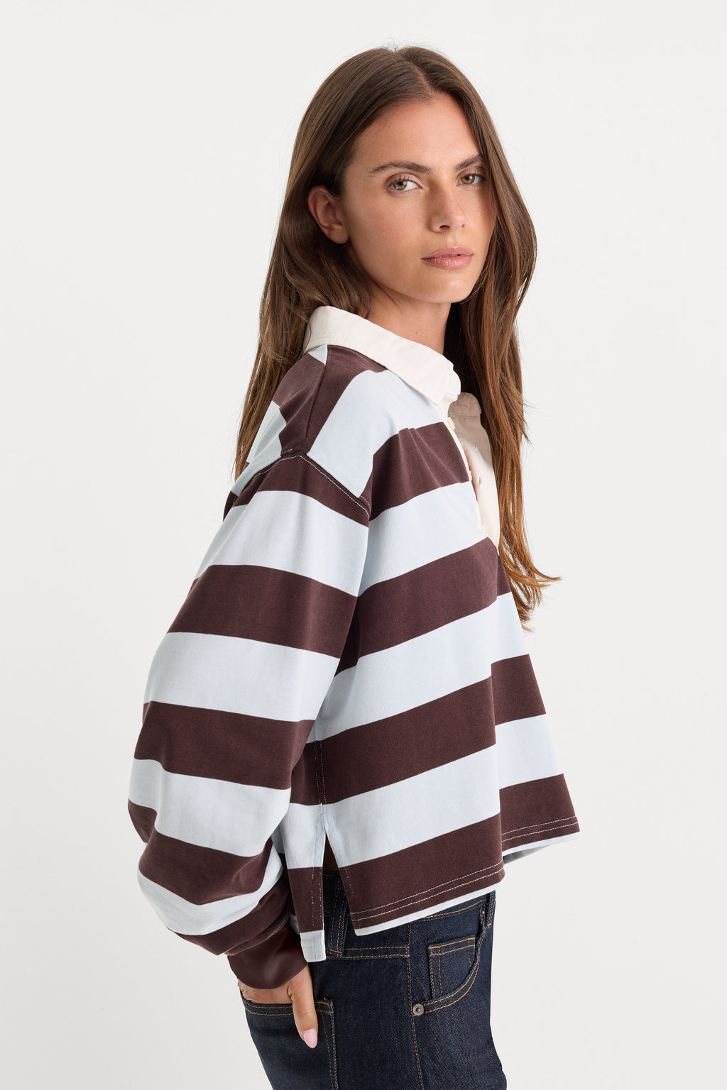Premium THE CROPPED RUGBY POLO ESPRESSO SKY BLOCK STRIPE