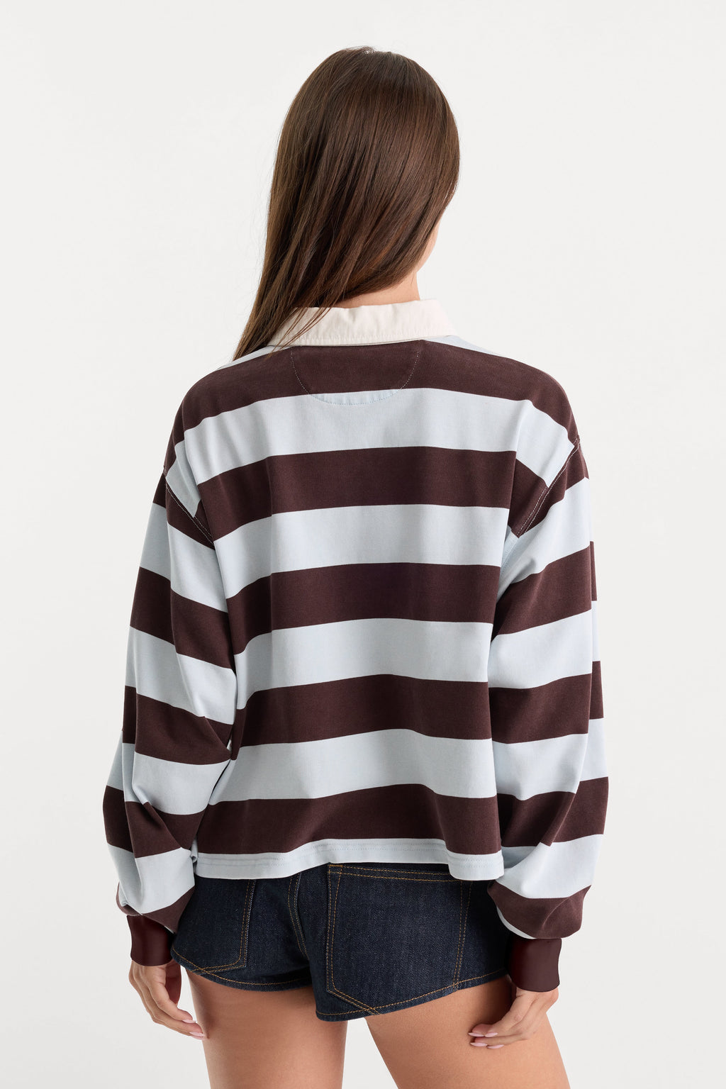 Premium THE CROPPED RUGBY POLO ESPRESSO SKY BLOCK STRIPE