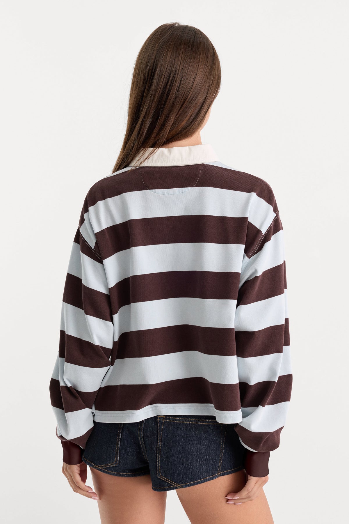 Premium THE CROPPED RUGBY POLO ESPRESSO SKY BLOCK STRIPE