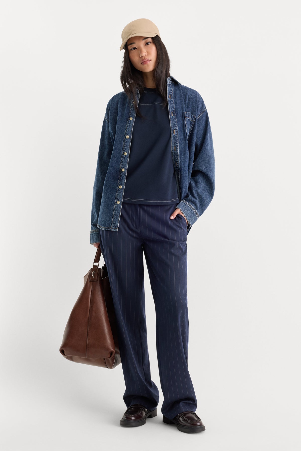 Premium THE LOW RISE STRAIGHT LEG TROUSER NAVY PINSTRIPE