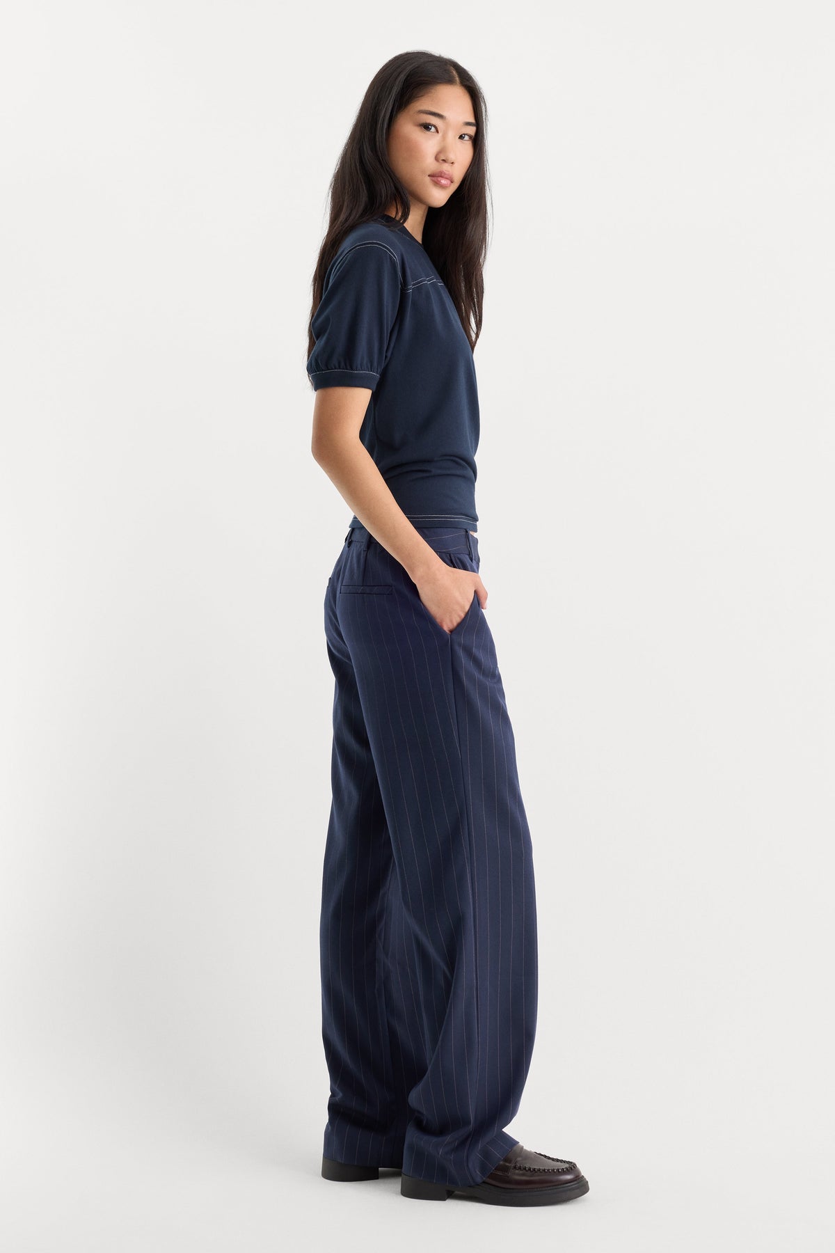 Premium THE LOW RISE STRAIGHT LEG TROUSER NAVY PINSTRIPE
