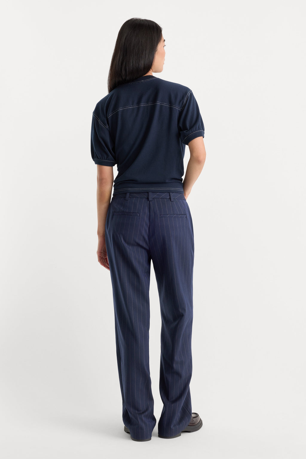 Premium THE LOW RISE STRAIGHT LEG TROUSER NAVY PINSTRIPE
