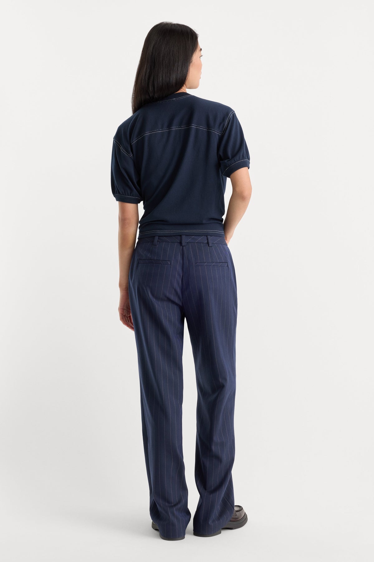 Premium THE LOW RISE STRAIGHT LEG TROUSER NAVY PINSTRIPE
