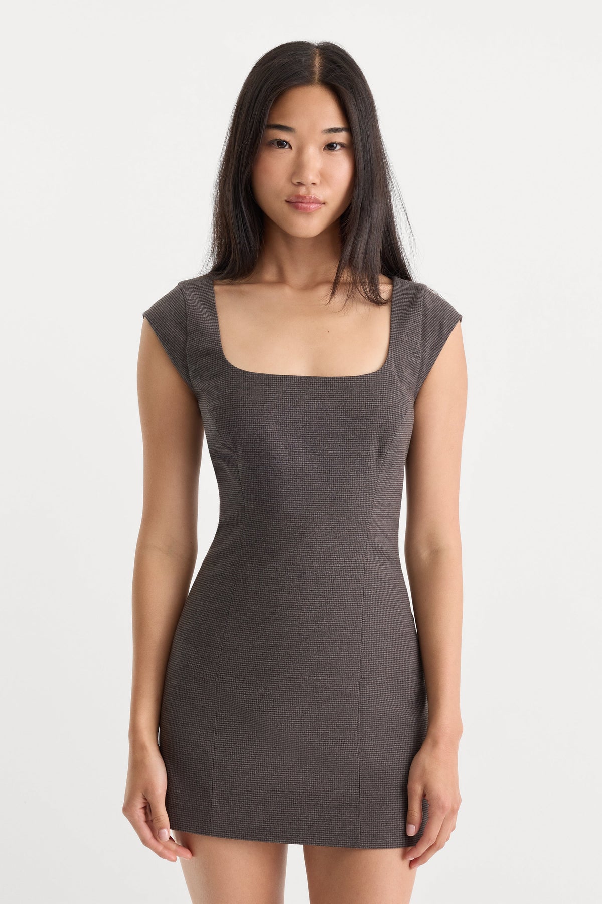 Premium THE CAP SLEEVE MINI DRESS CHARCOAL MINI HOUNDSTOOTH