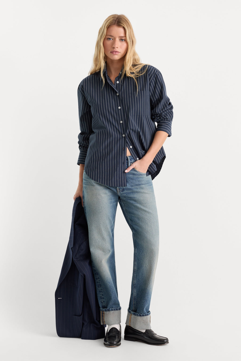 Premium THE POPLIN EASY SHIRT NAVY STRIPE