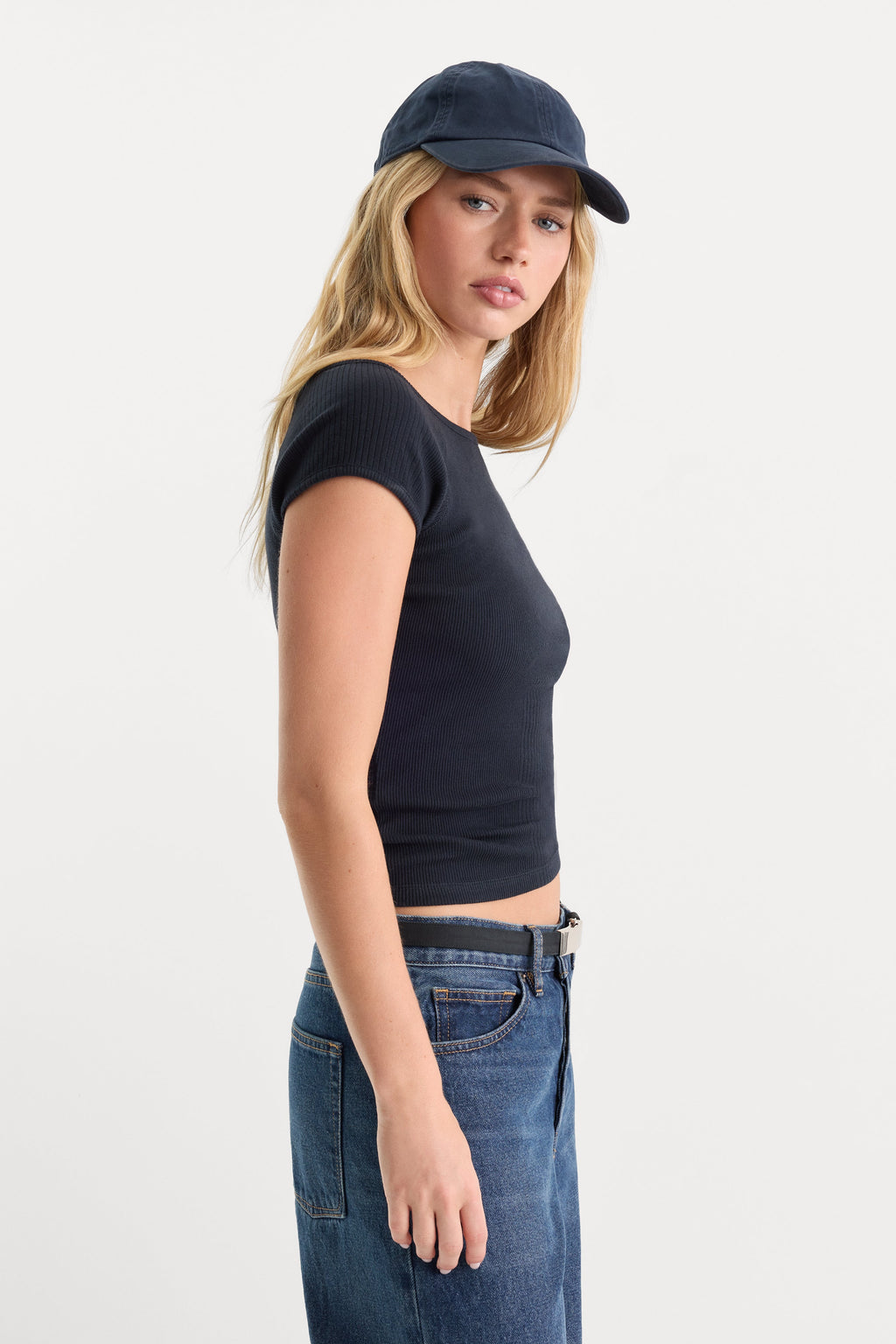 Premium THE VARIEGATED RIB TOP NEW NAVY002