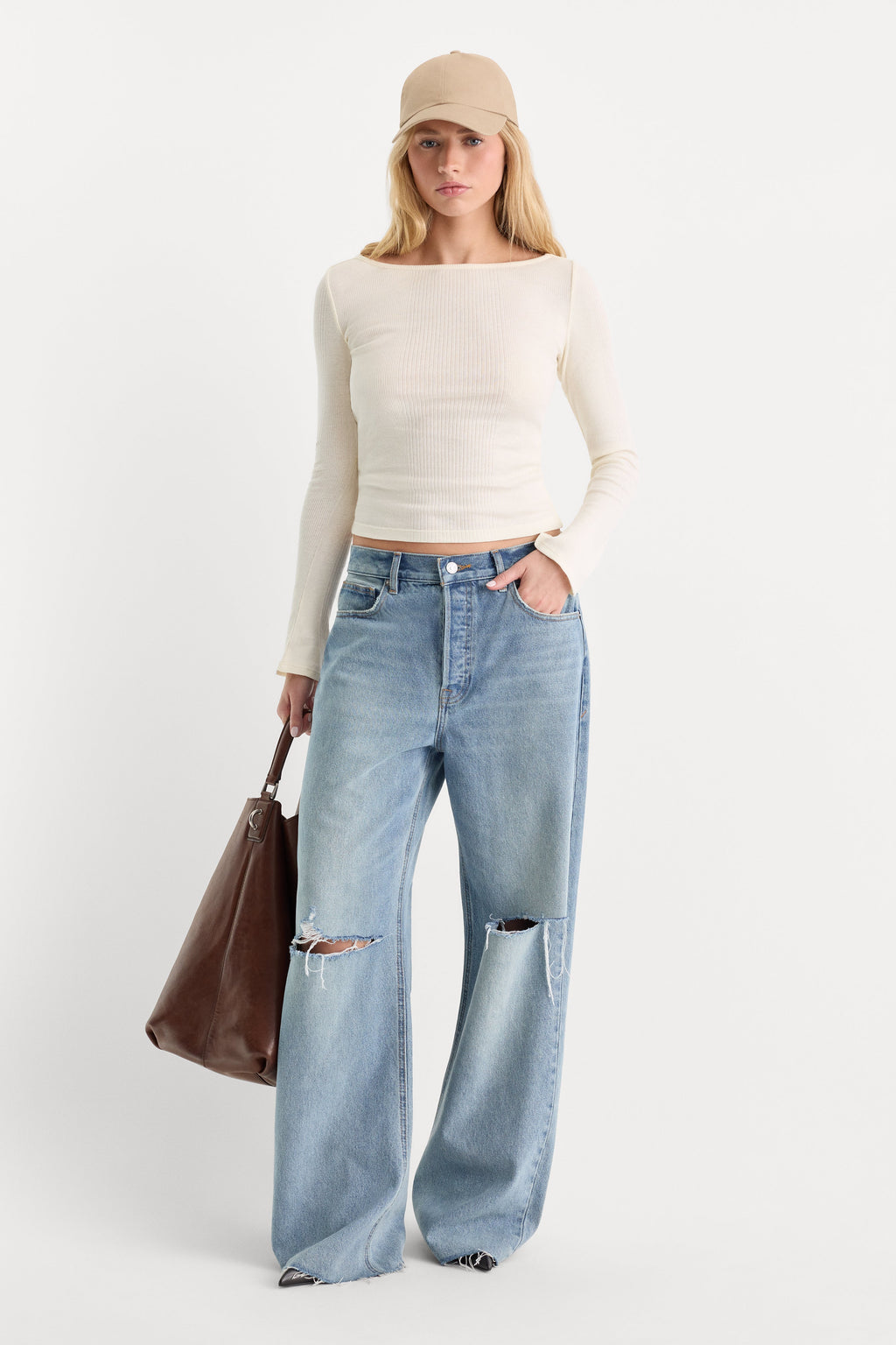 Premium THE VARIEGATED RIB LONG SLEEVE TOP CHALK