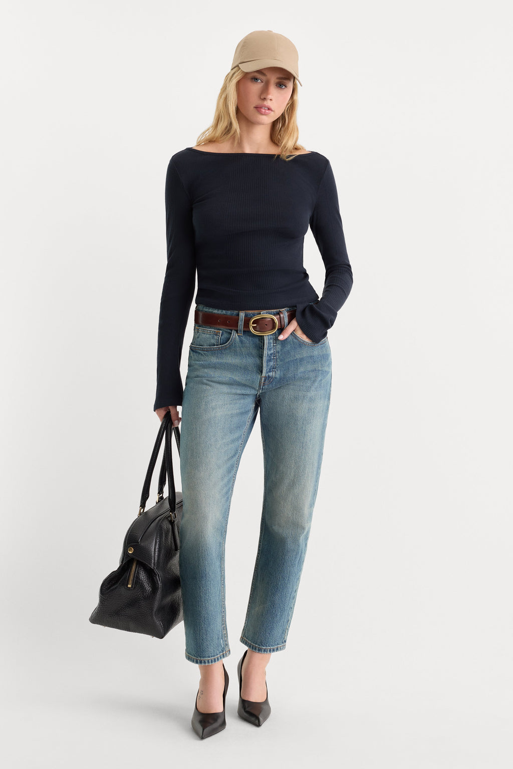 Premium THE VARIEGATED RIB LONG SLEEVE TOP NEW NAVY002