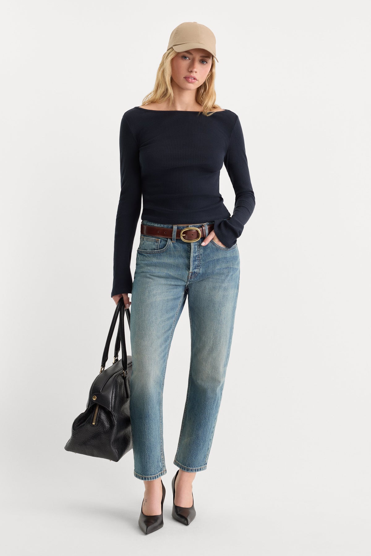 Premium THE VARIEGATED RIB LONG SLEEVE TOP NEW NAVY002