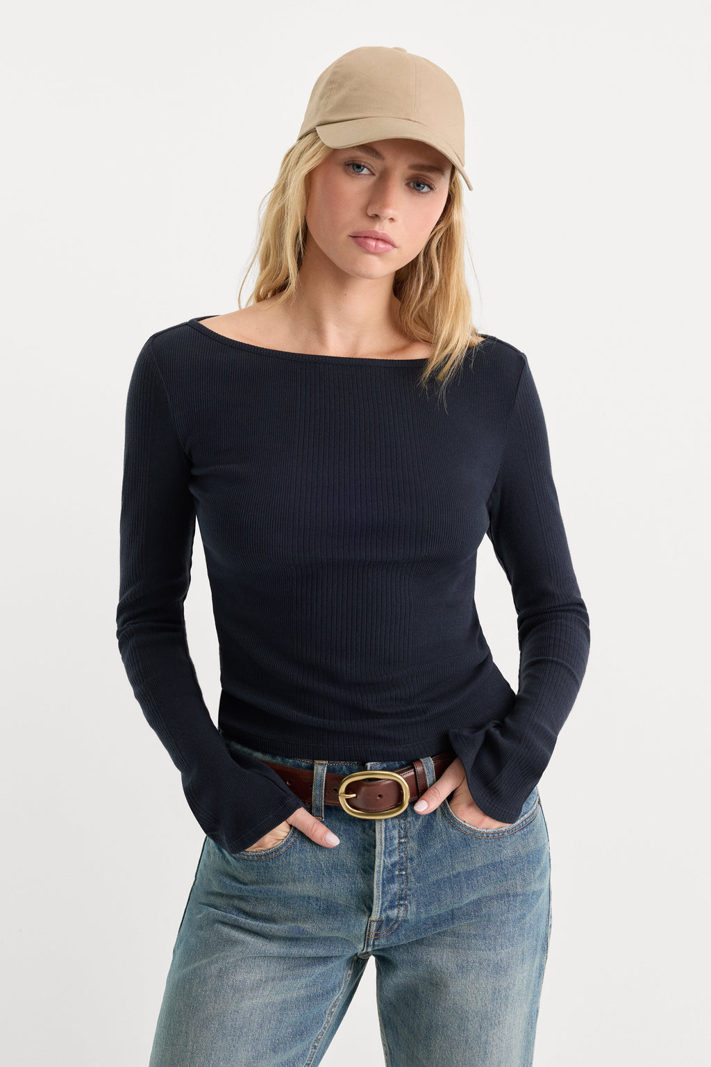 Premium THE VARIEGATED RIB LONG SLEEVE TOP NEW NAVY002
