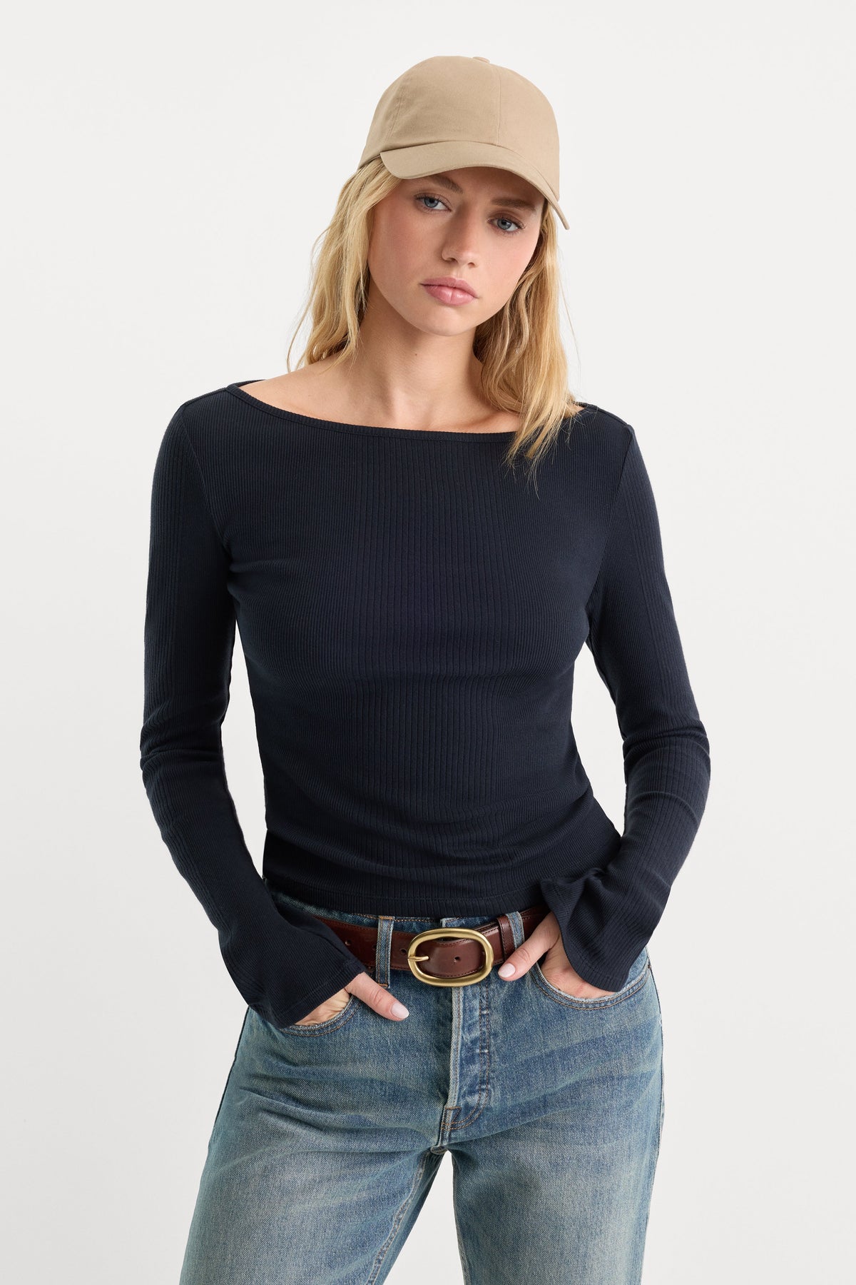 Premium THE VARIEGATED RIB LONG SLEEVE TOP NEW NAVY002