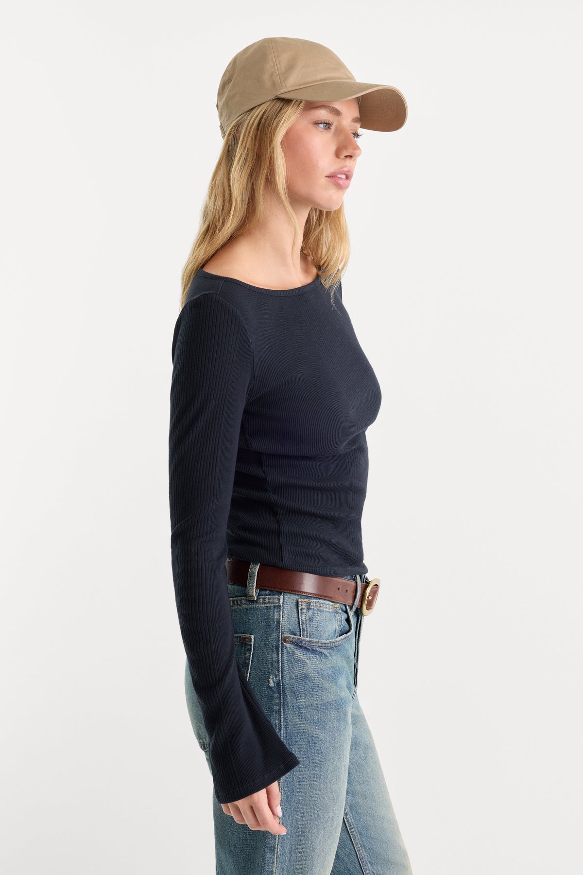 Premium THE VARIEGATED RIB LONG SLEEVE TOP NEW NAVY002