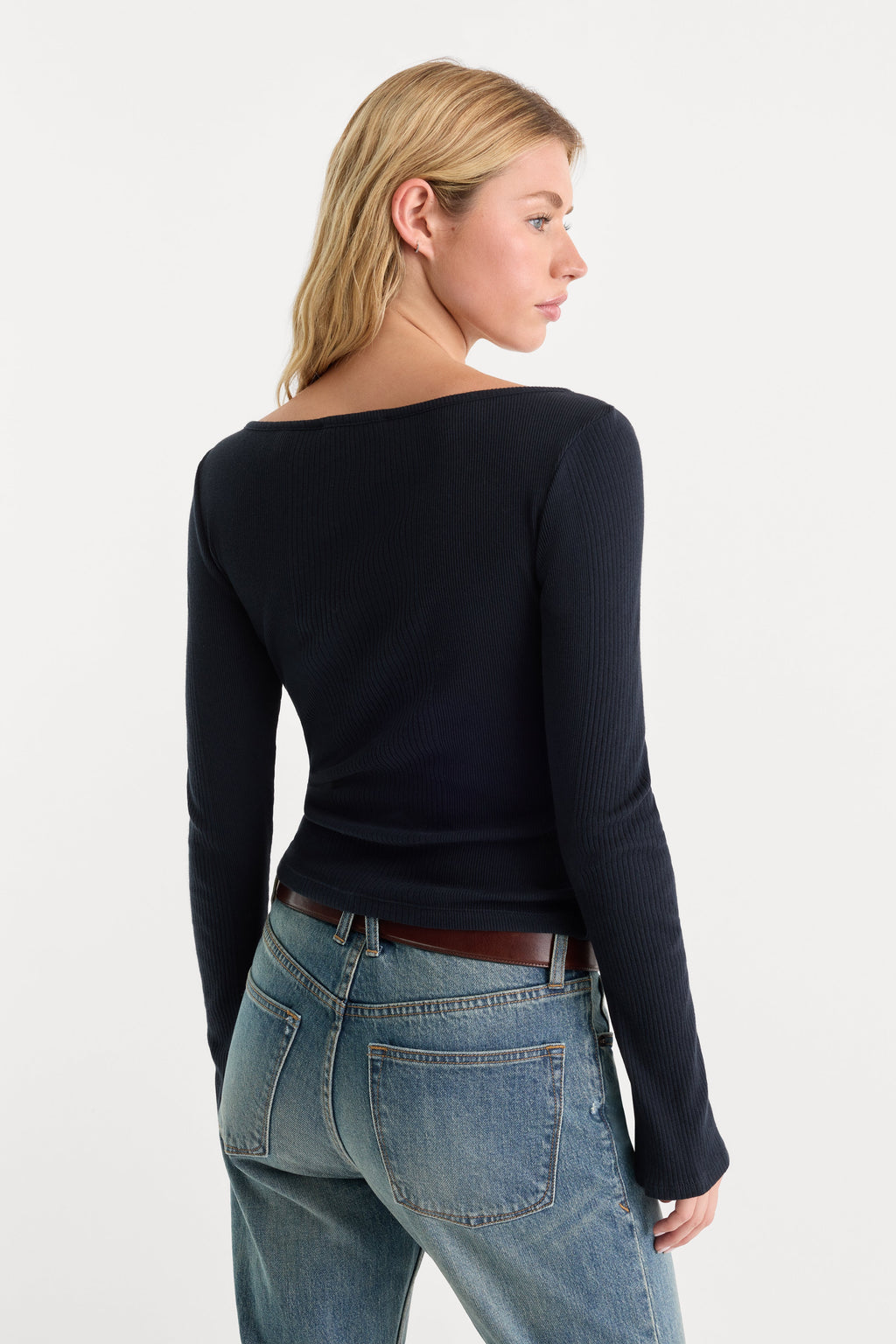 Premium THE VARIEGATED RIB LONG SLEEVE TOP NEW NAVY002