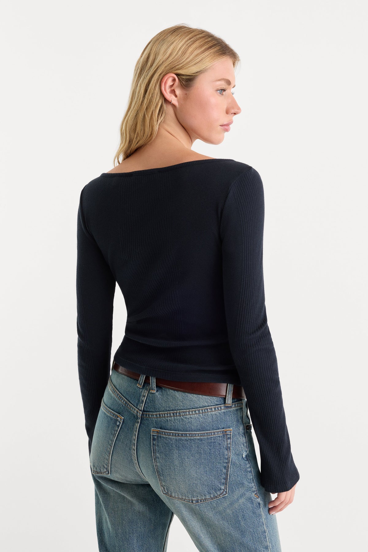 Premium THE VARIEGATED RIB LONG SLEEVE TOP NEW NAVY002