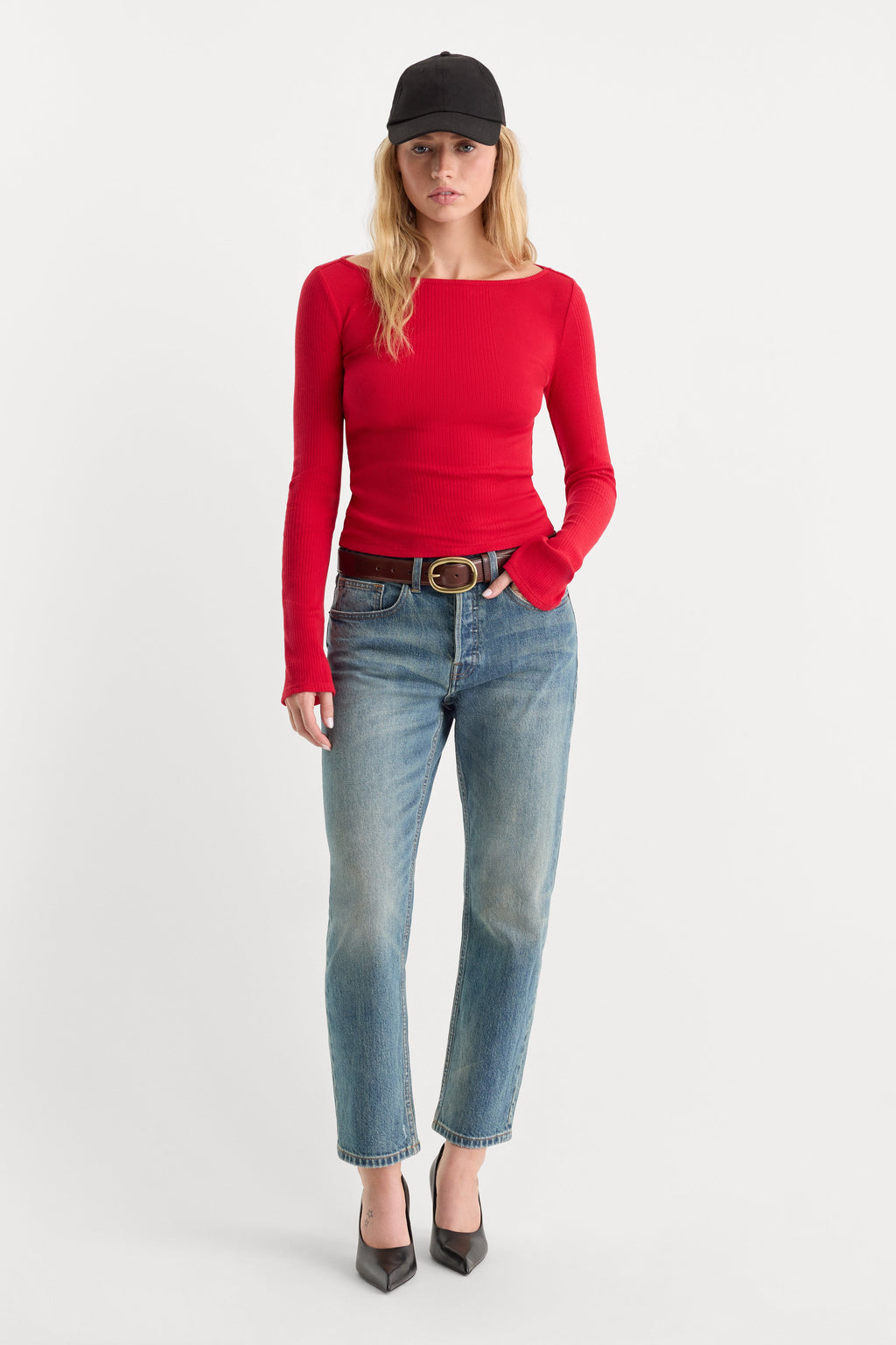 Premium THE VARIEGATED RIB LONG SLEEVE TOP CRIMSON ROSE