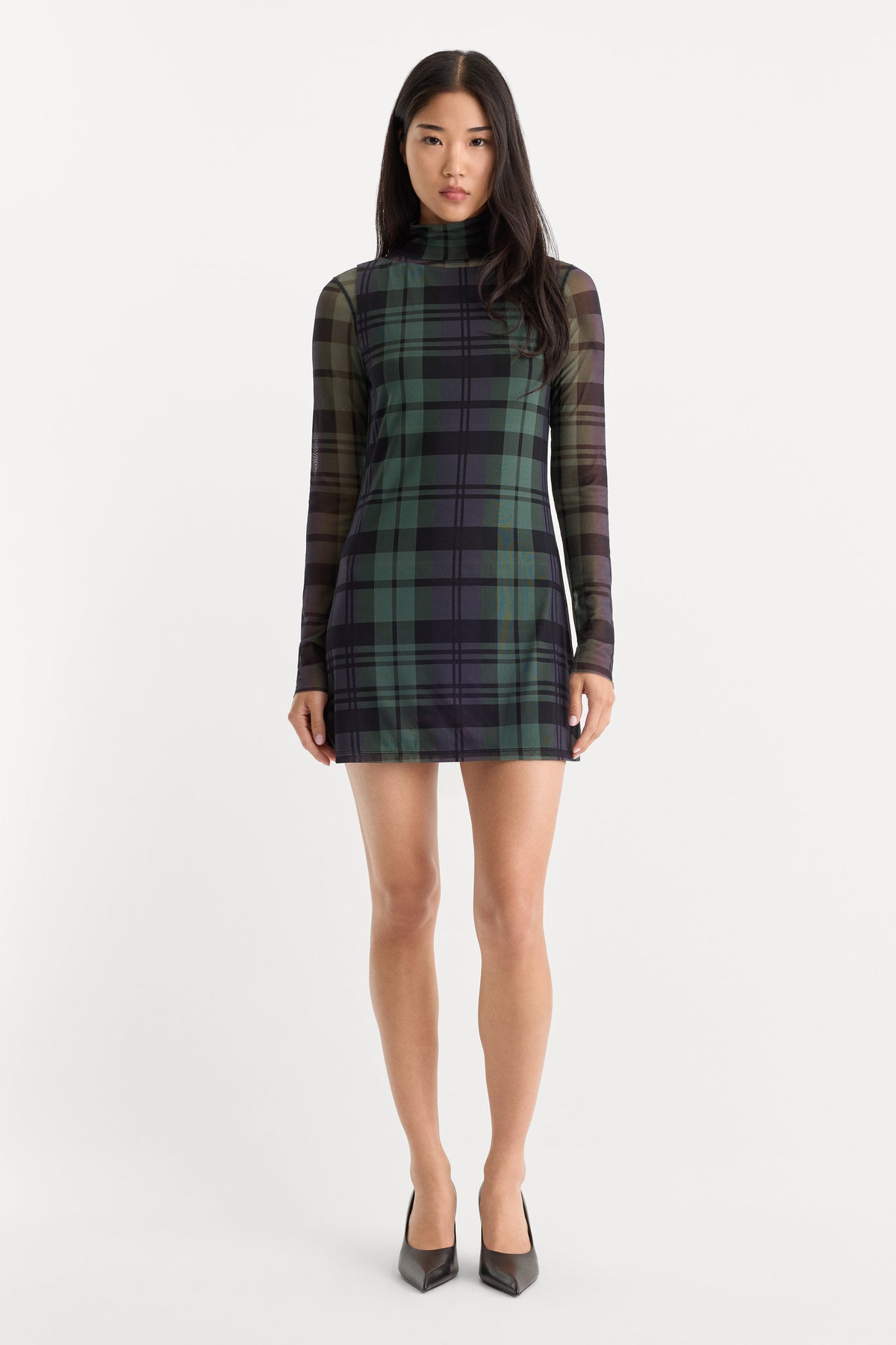 Premium THE MESH MINI DRESS NAVY AND GREEN PLAID