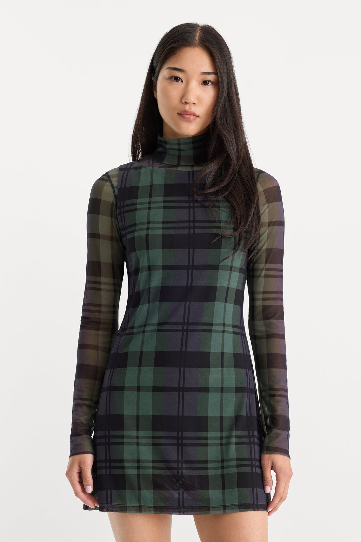 Premium THE MESH MINI DRESS NAVY AND GREEN PLAID