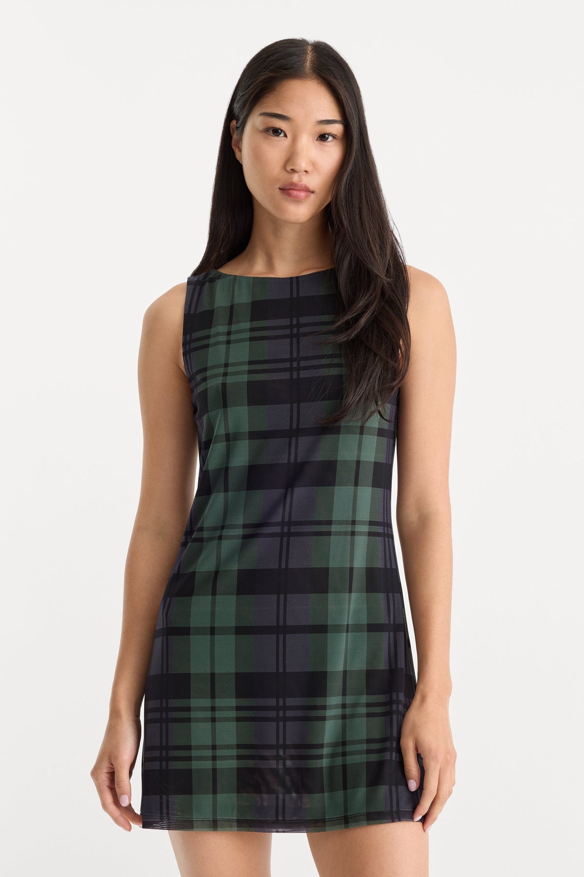 Premium THE MESH MINI DRESS NAVY AND GREEN PLAID
