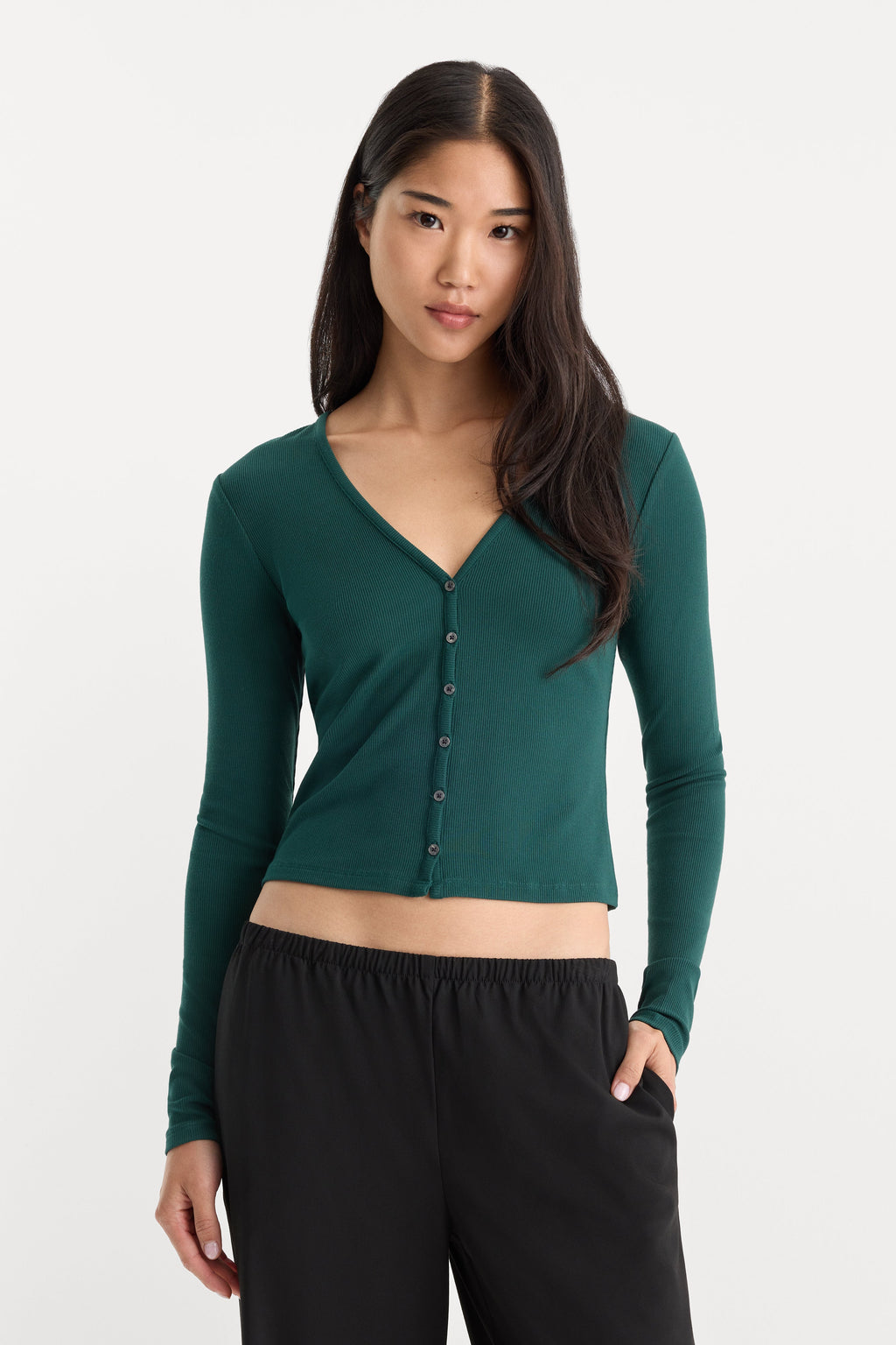 Premium THE RIB V NECK CARDIGAN FOREST GREEN