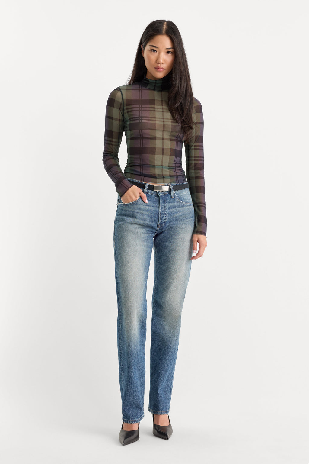 Premium THE MESH TURTLENECK NAVY AND GREEN PLAID