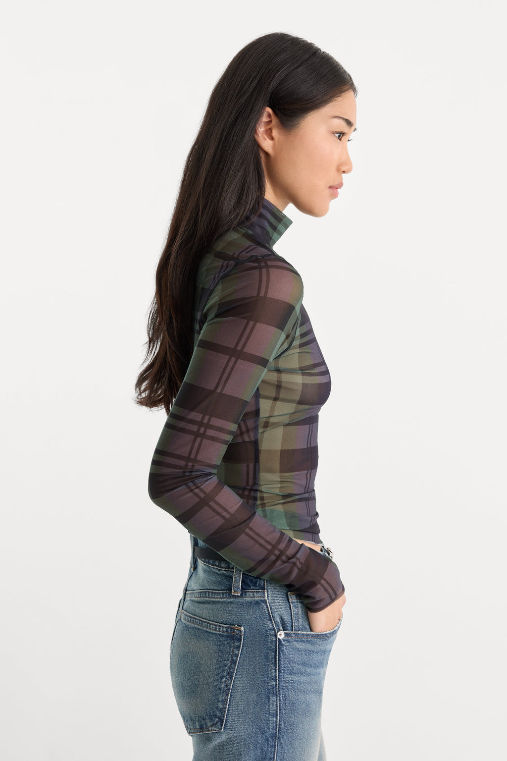 Premium THE MESH TURTLENECK NAVY AND GREEN PLAID