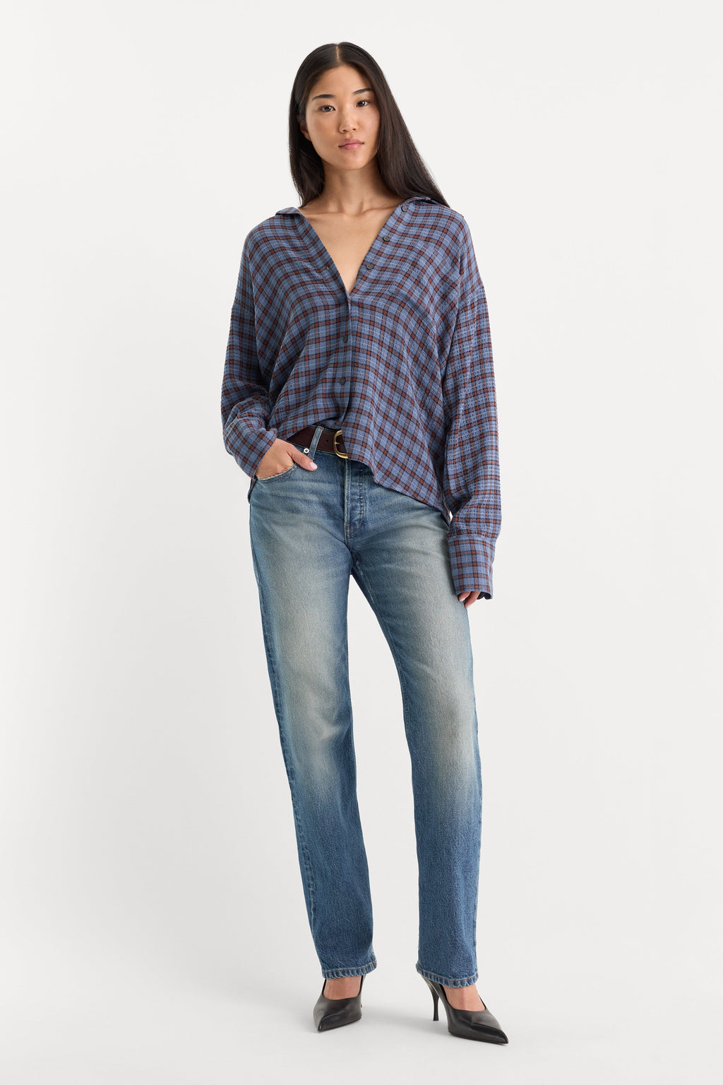 Premium THE CRINKLE EASY SHIRT BLUE PLAID