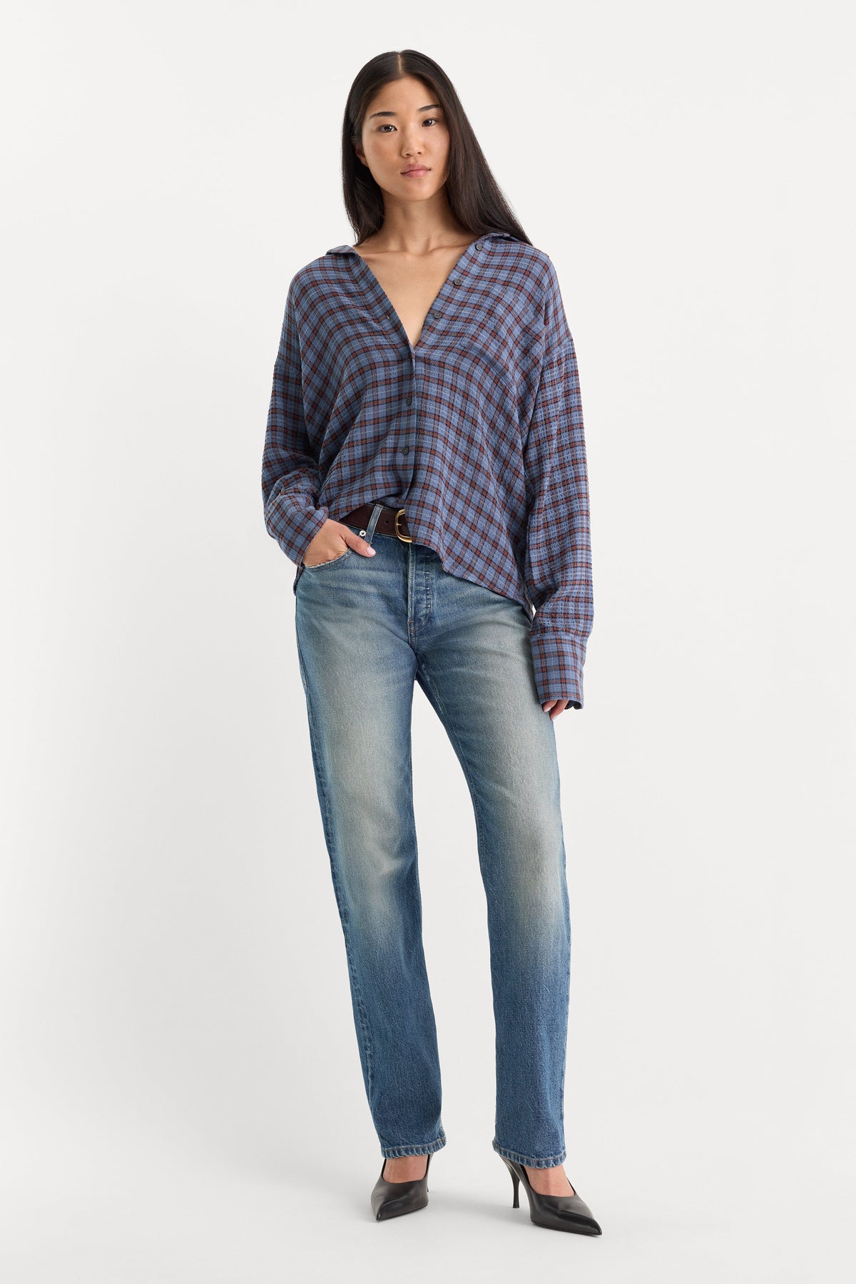 Premium THE CRINKLE EASY SHIRT BLUE PLAID