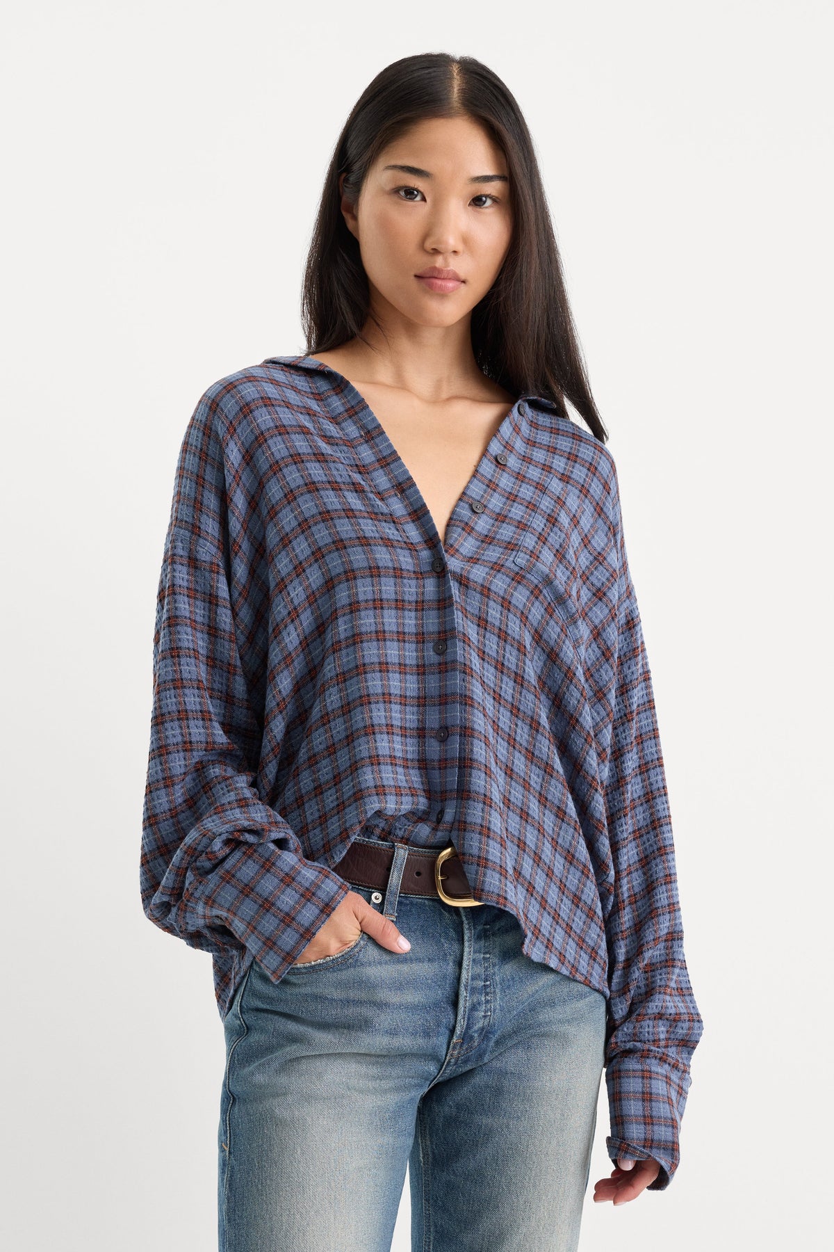 Premium THE CRINKLE EASY SHIRT BLUE PLAID