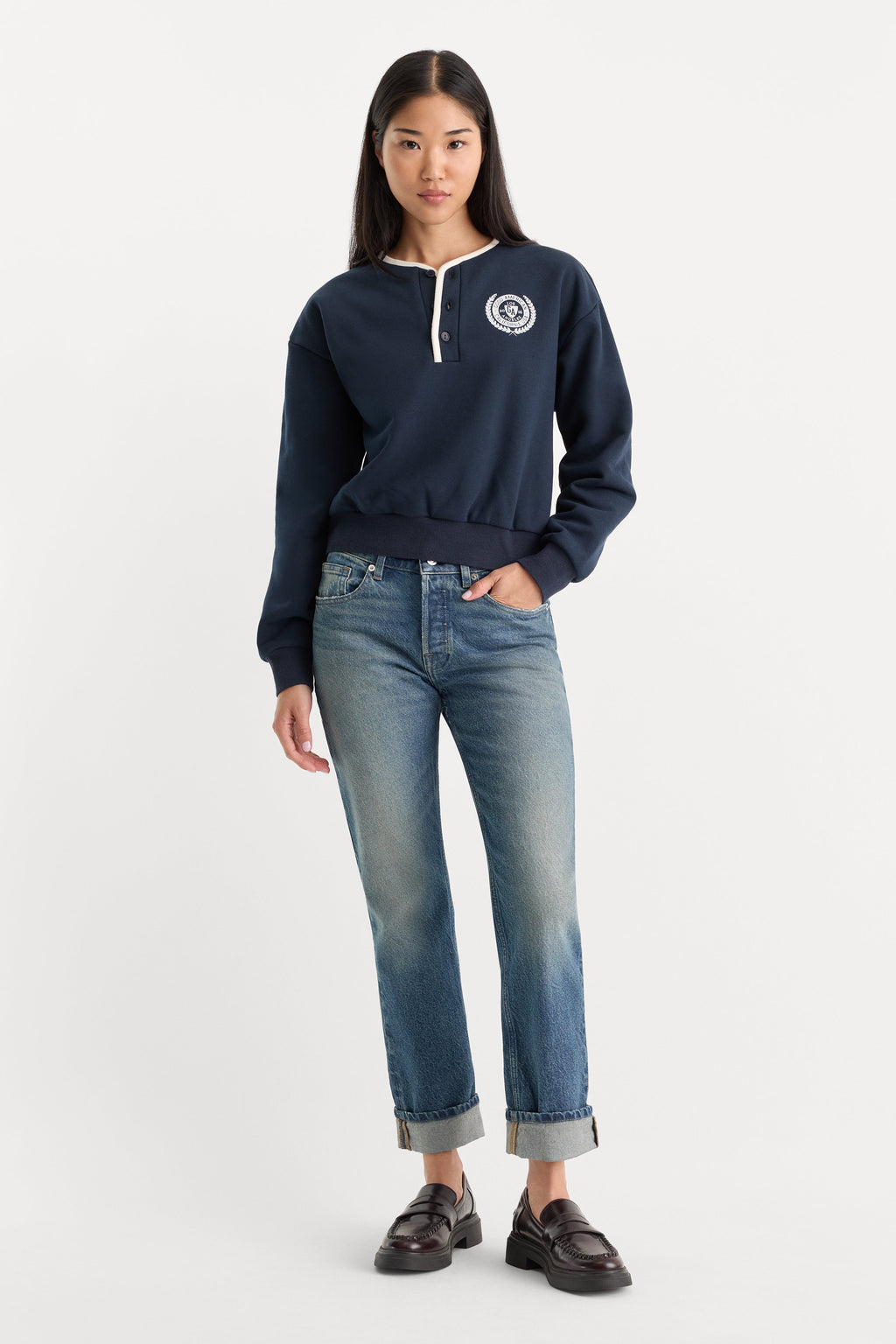 Premium THE BRUSHED FLEECE HENLEY NEW NAVY