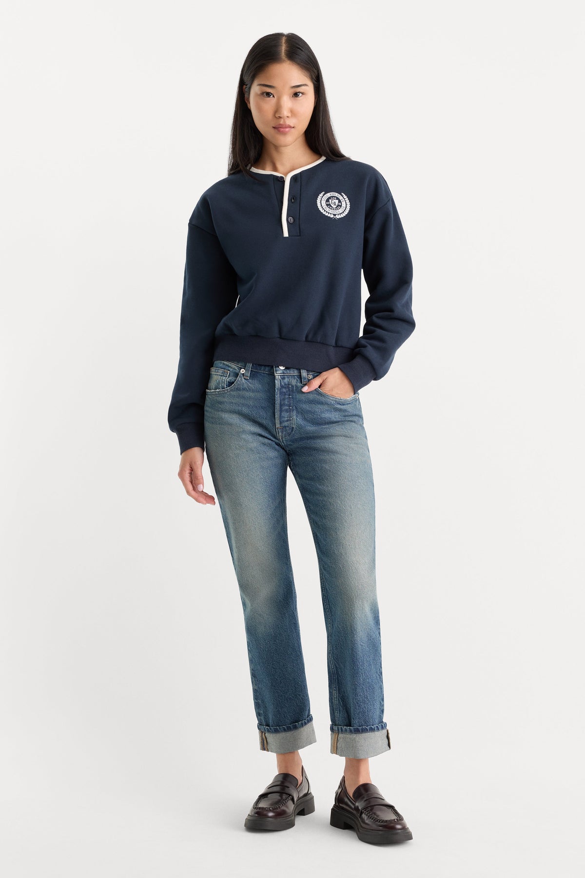 Premium THE BRUSHED FLEECE HENLEY NEW NAVY