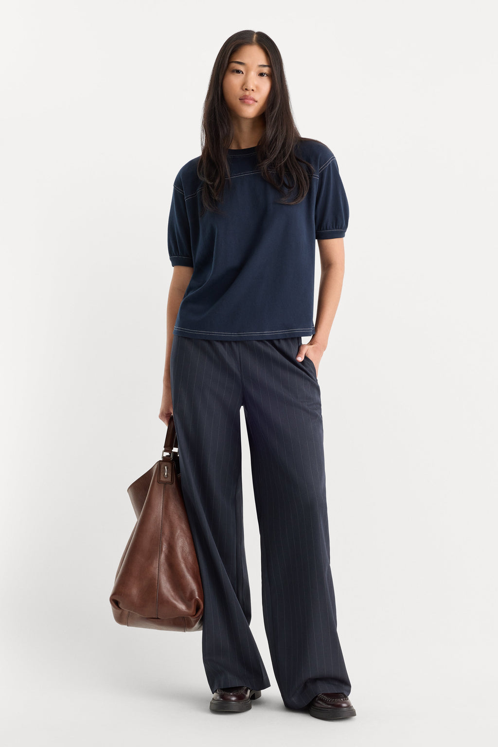 Premium THE PINSTRIPE PULL ON TROUSER NAVY PINSTRIPE