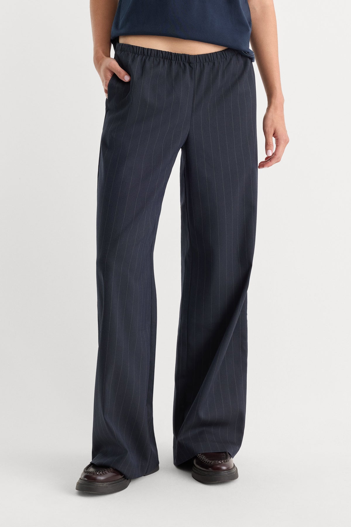 Premium THE PINSTRIPE PULL ON TROUSER NAVY PINSTRIPE