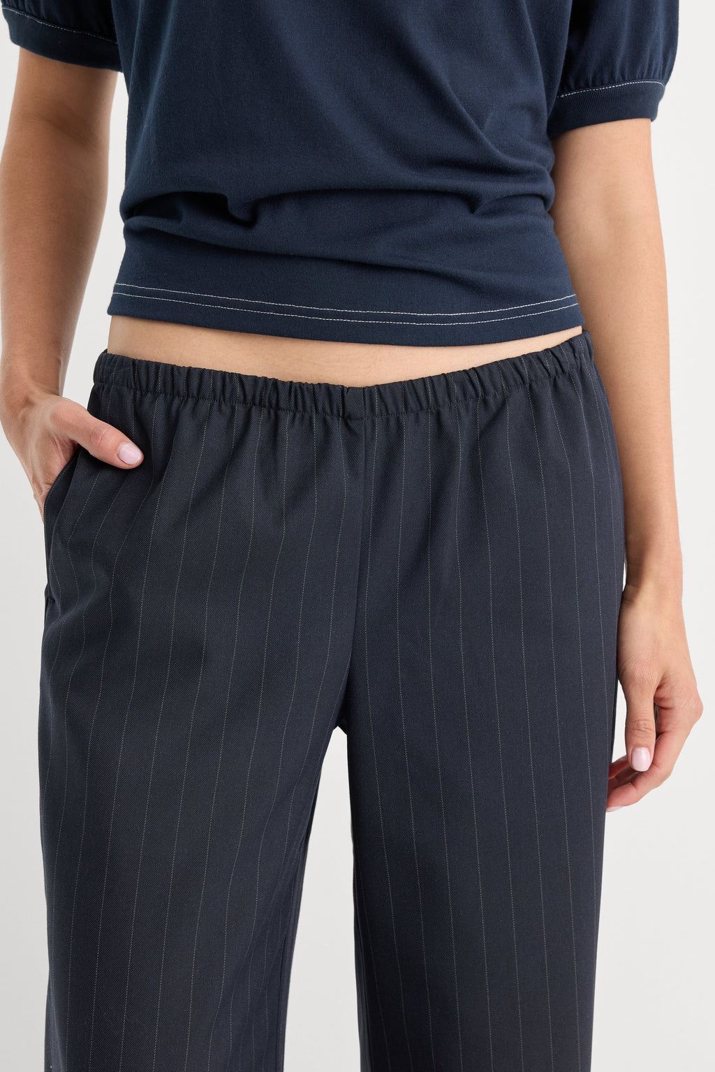 Premium THE PINSTRIPE PULL ON TROUSER NAVY PINSTRIPE