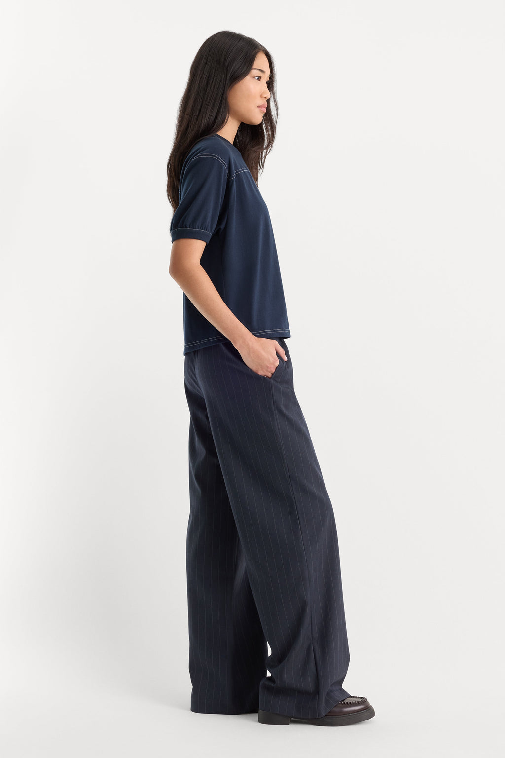 Premium THE PINSTRIPE PULL ON TROUSER NAVY PINSTRIPE