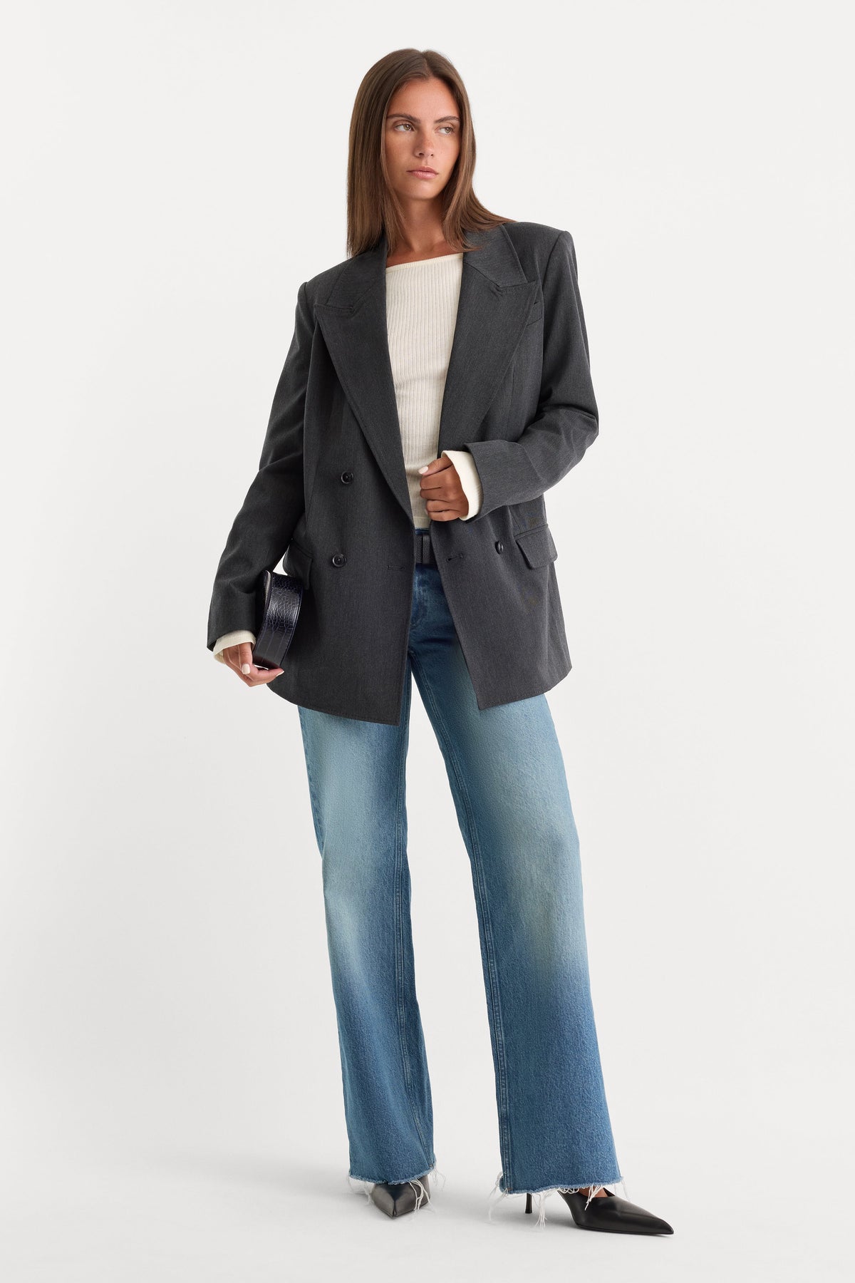 Premium ESSENTIAL SUITING OVERSIZED DOUBLE BREASTED BLAZER DARK HEATHER GRAY
