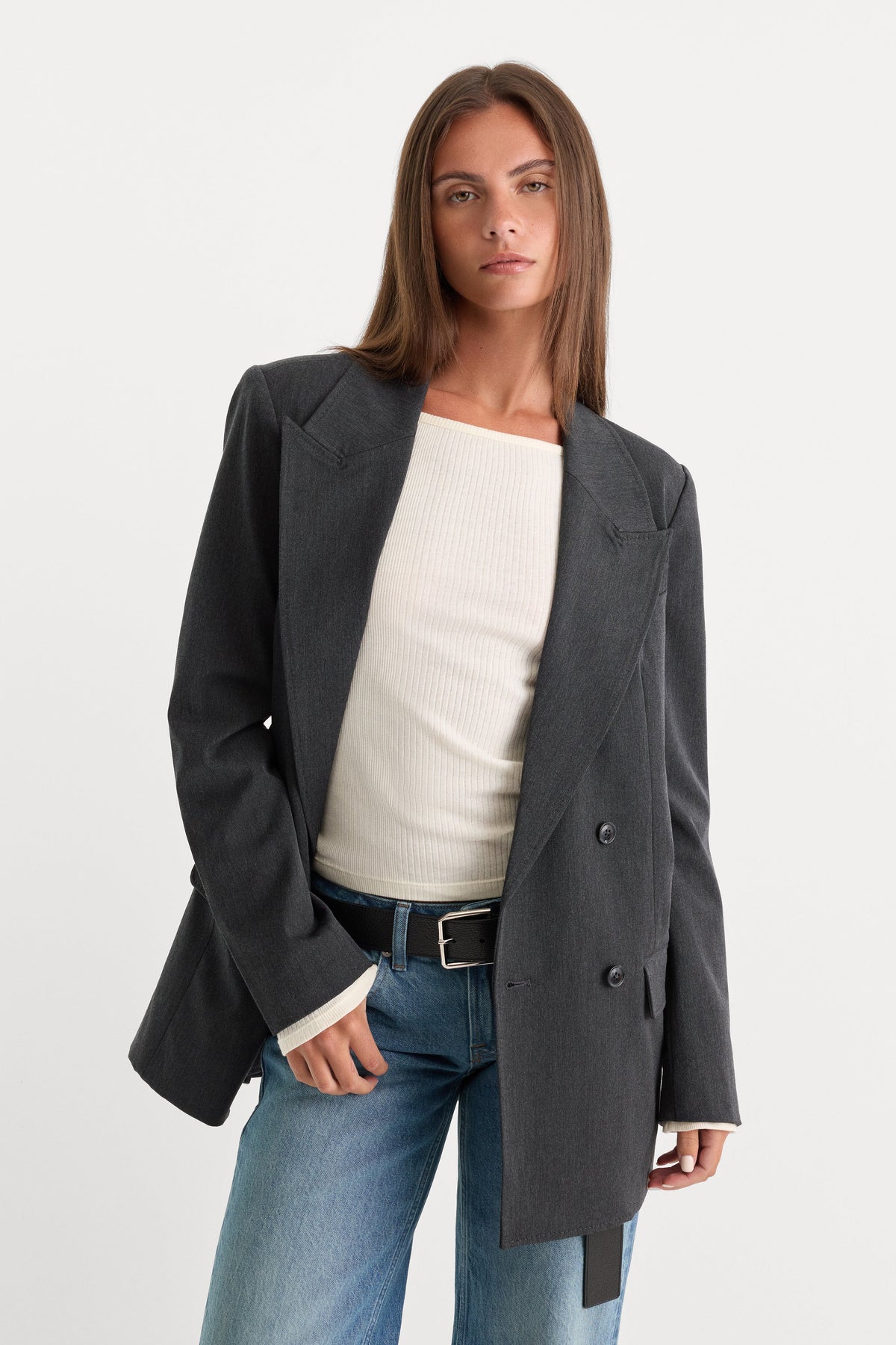 Premium ESSENTIAL SUITING OVERSIZED DOUBLE BREASTED BLAZER DARK HEATHER GRAY