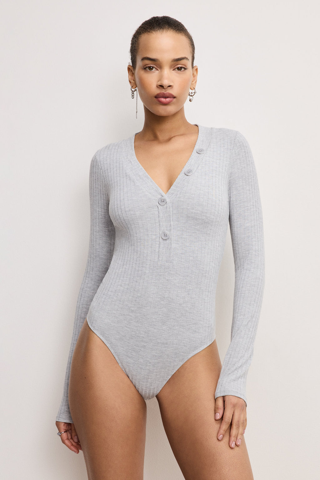 Premium RIBBED HENLEY BODYSUIT HEATHER GREY001