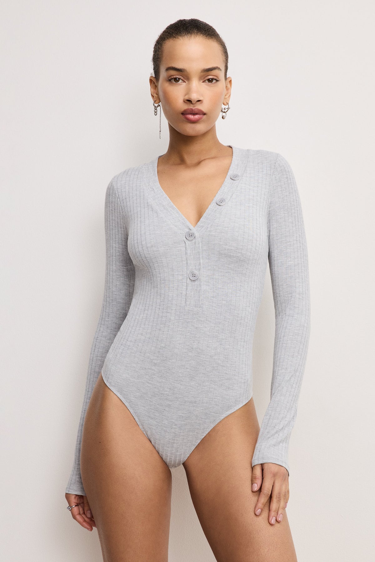 Premium RIBBED HENLEY BODYSUIT HEATHER GREY001