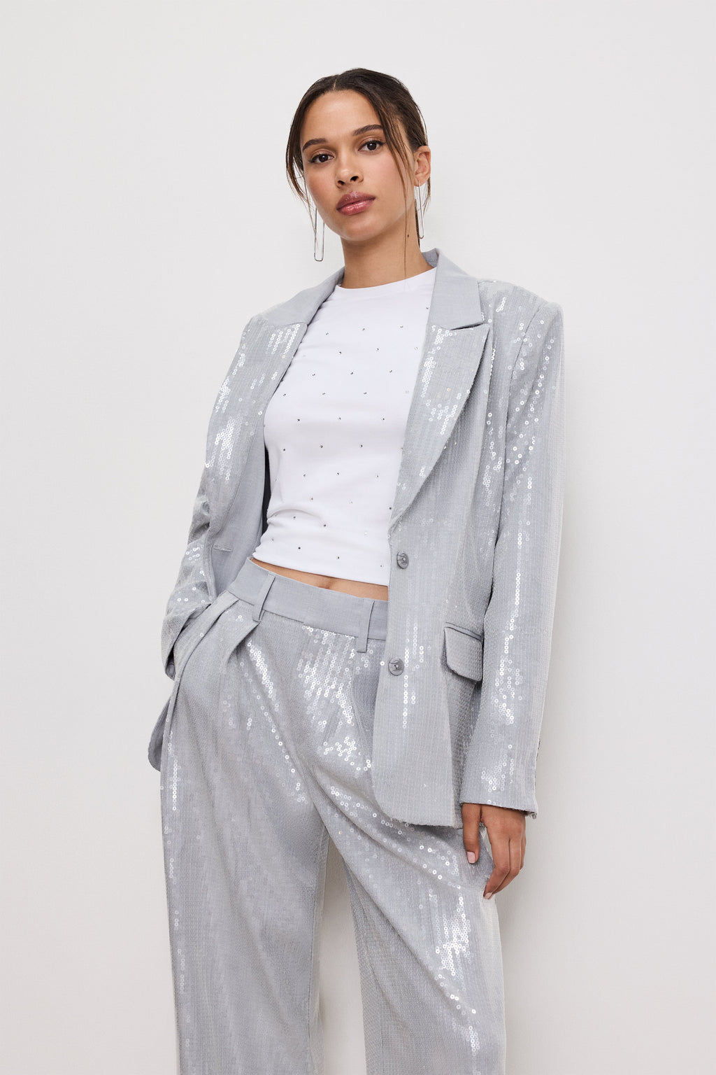Premium SEQUIN OVERSIZED BLAZER HEATHER GREY001