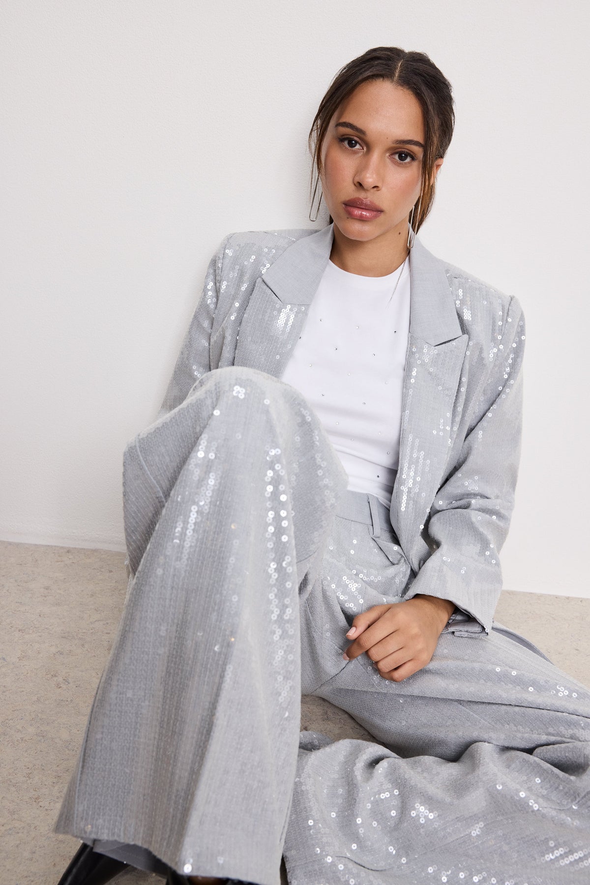 Premium SEQUIN OVERSIZED BLAZER HEATHER GREY001